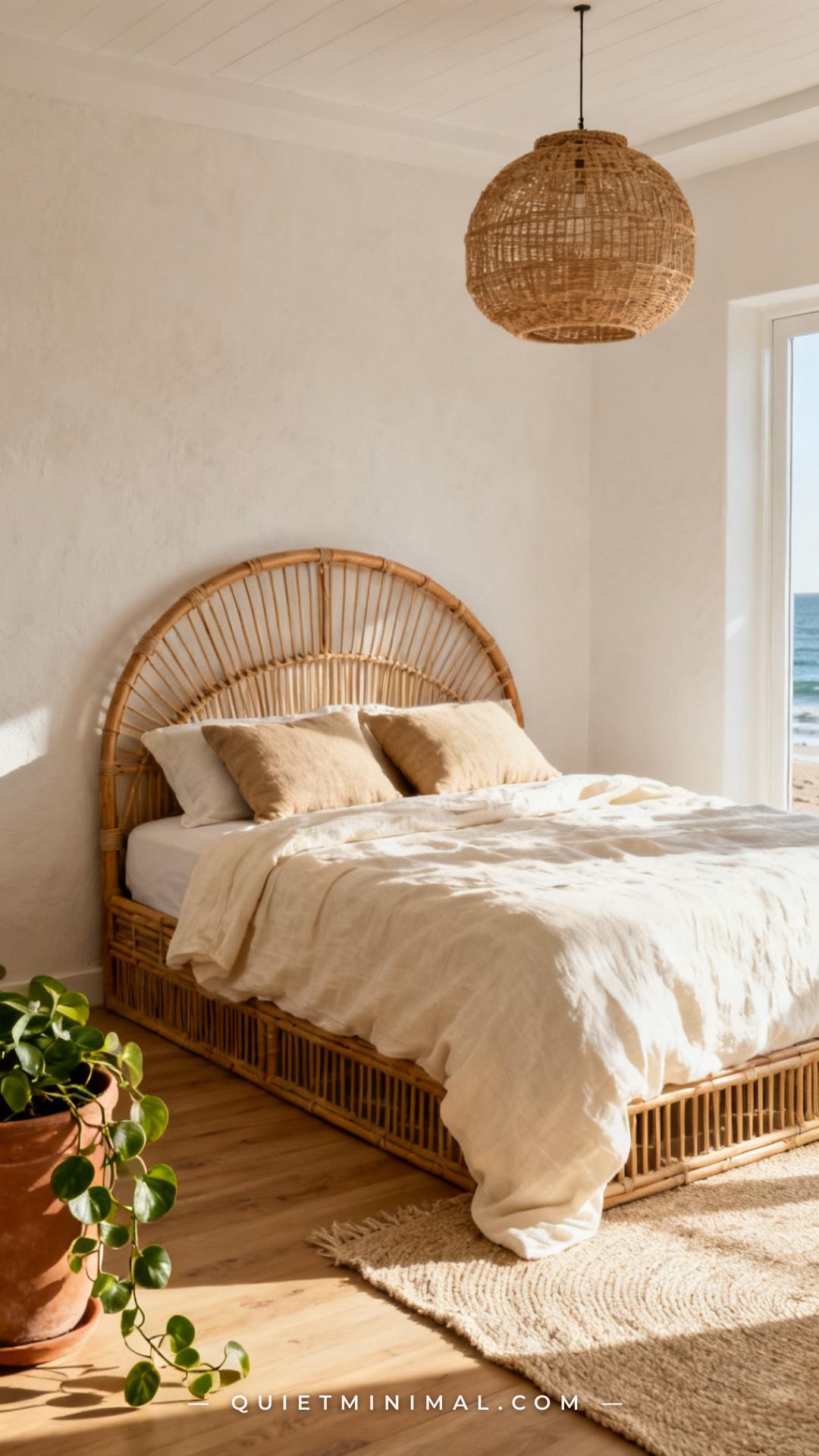 A wide vertical photograph of a coastal bedroom featuring a large natural rattan bed frame centered against a sandy-whit