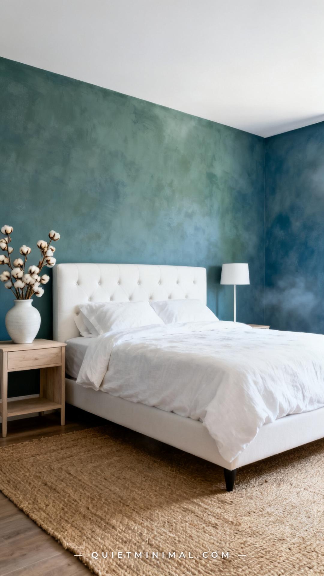 A wide establishing shot of a coastal bedroom with walls painted in a muted