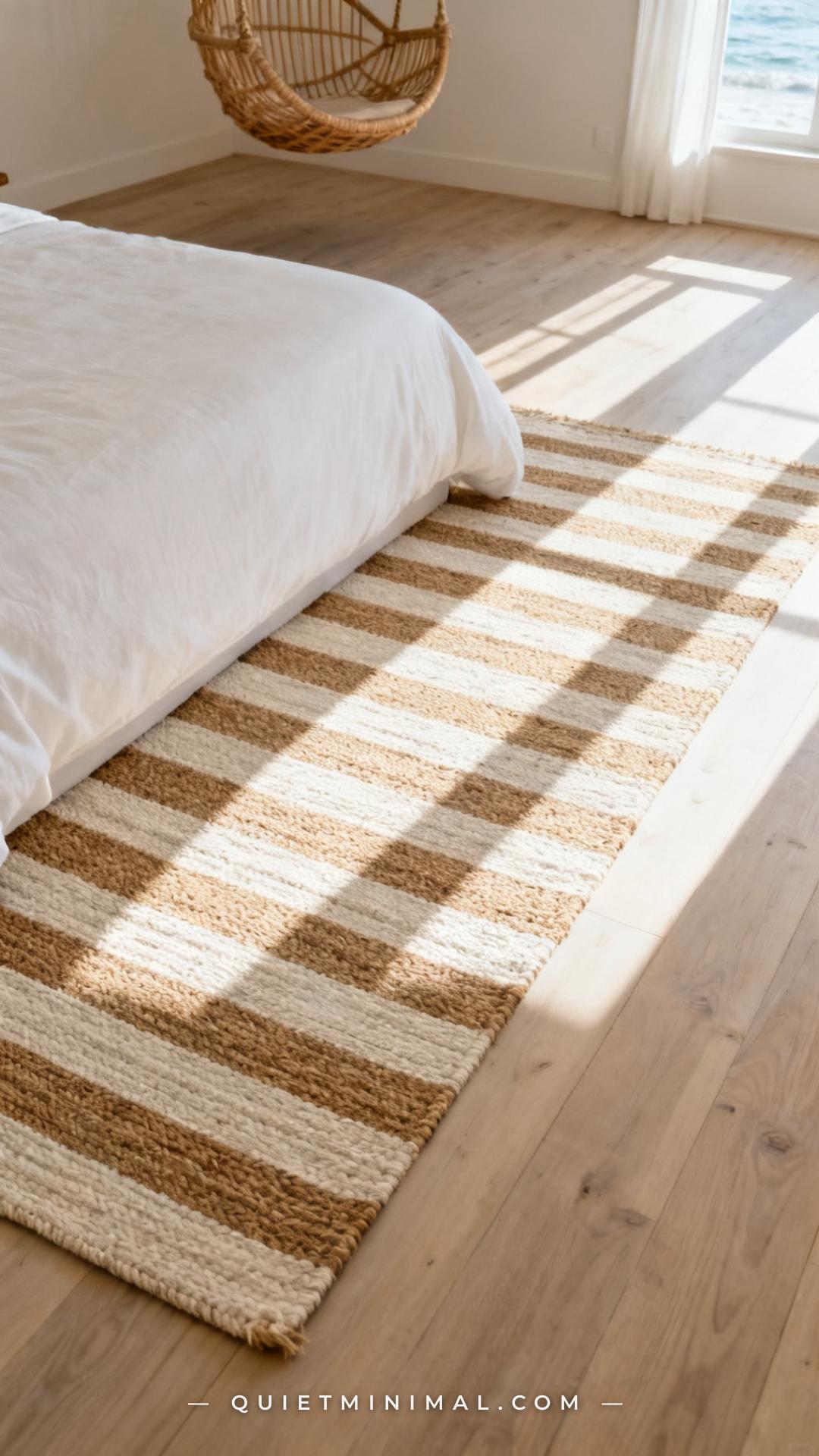 A vertical photograph captures a coastal bedroom with a striped jute rug — alternating natural tan and bleached ivory st
