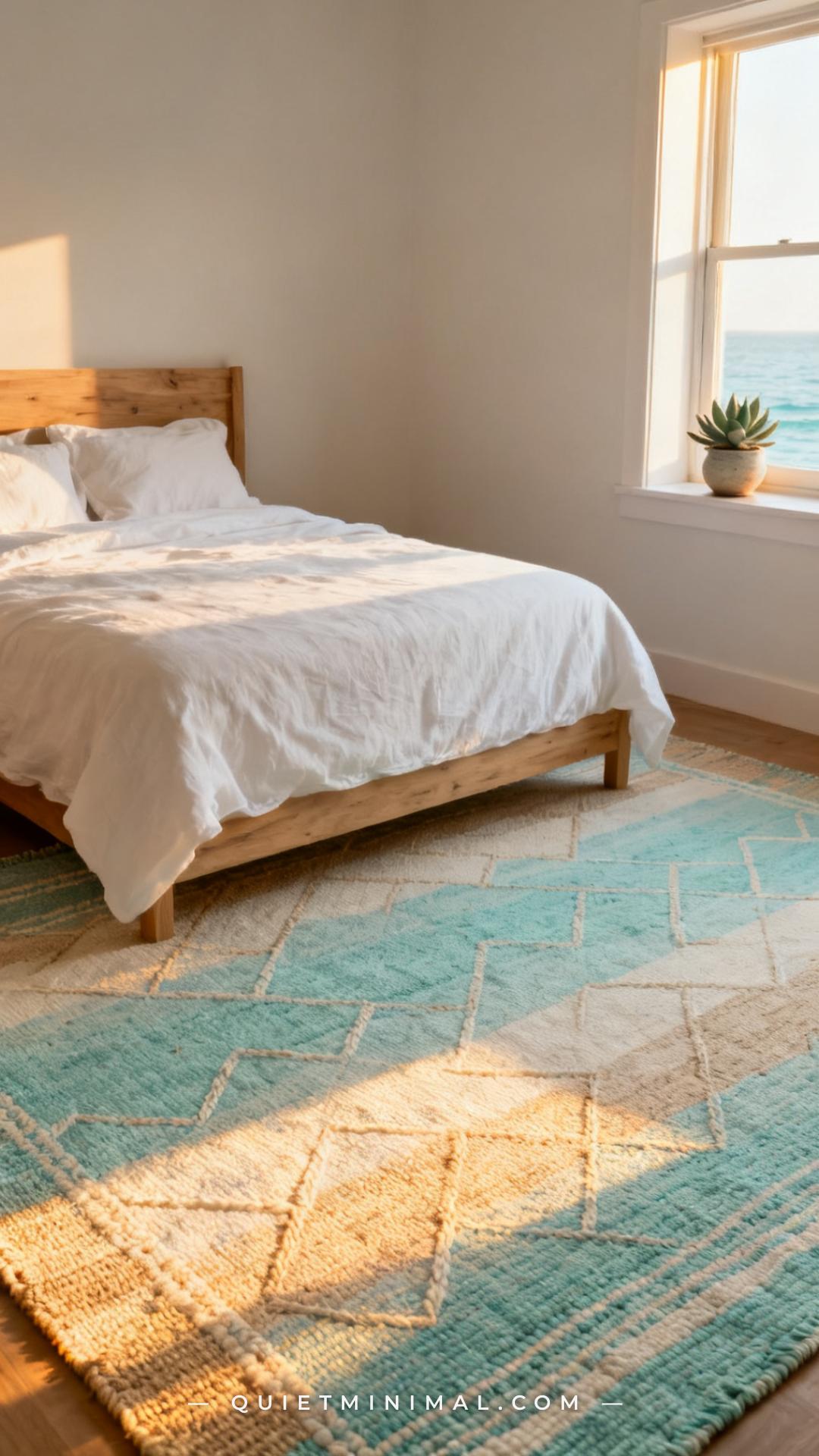 A vertical photograph captures a coastal bedroom with a soft cotton dhurrie rug in pale ocean tones — a mix of soft aqua