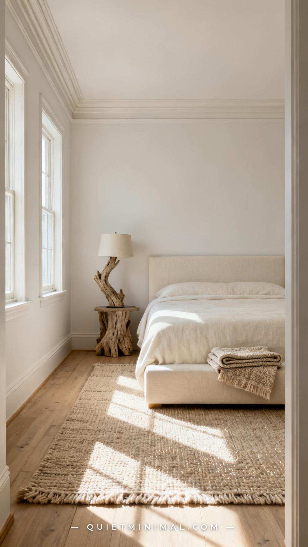 A vertical photograph captures a coastal bedroom with a wool flatweave rug in muted sand and warm white tones anchoring