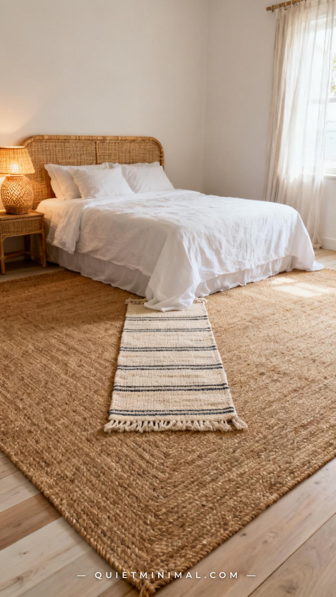 A vertical photograph captures a coastal bedroom with a layered rug setup: a large natural jute rug as the base layer be