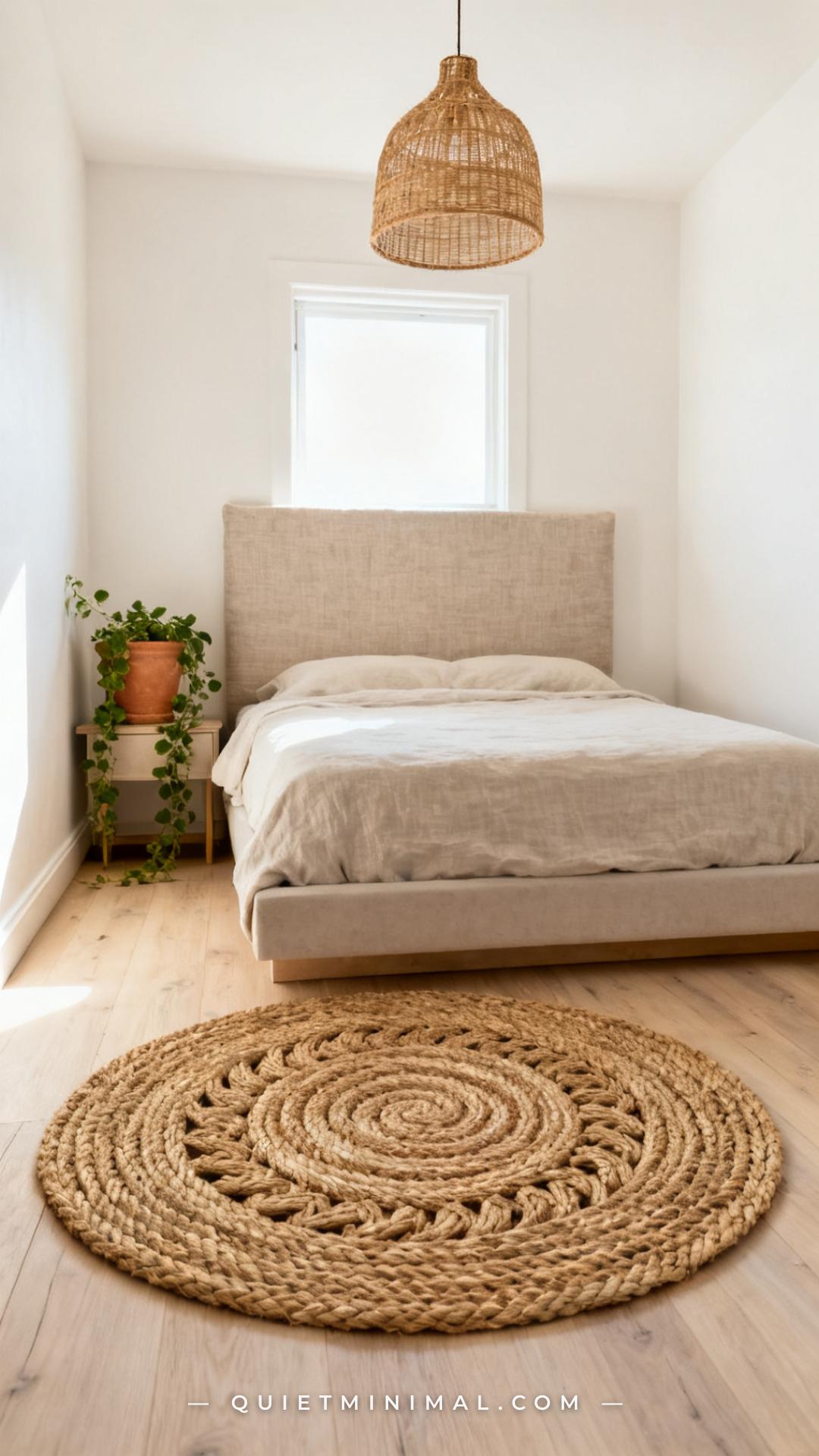 A vertical photograph captures a coastal bedroom corner showing a braided jute round rug beneath a low-profile bed on pa