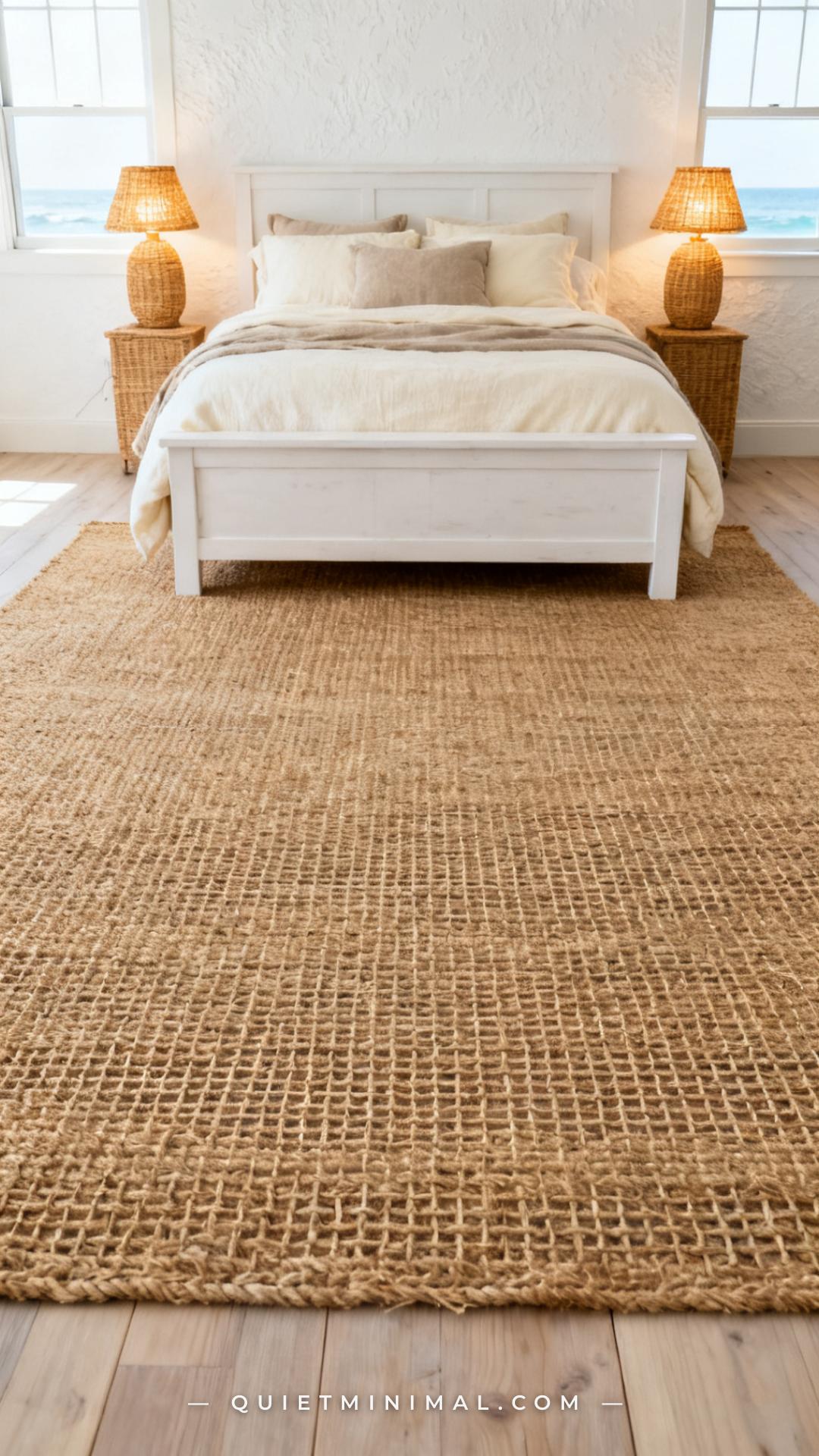 A vertical photograph captures a wide coastal bedroom interior with a large natural sisal rug anchoring the full sleepin