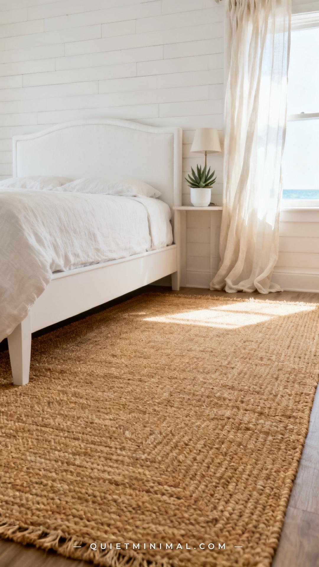 A vertical photograph captures a medium-wide coastal bedroom showing a sisal-jute blend rug in a warm natural tan laid u