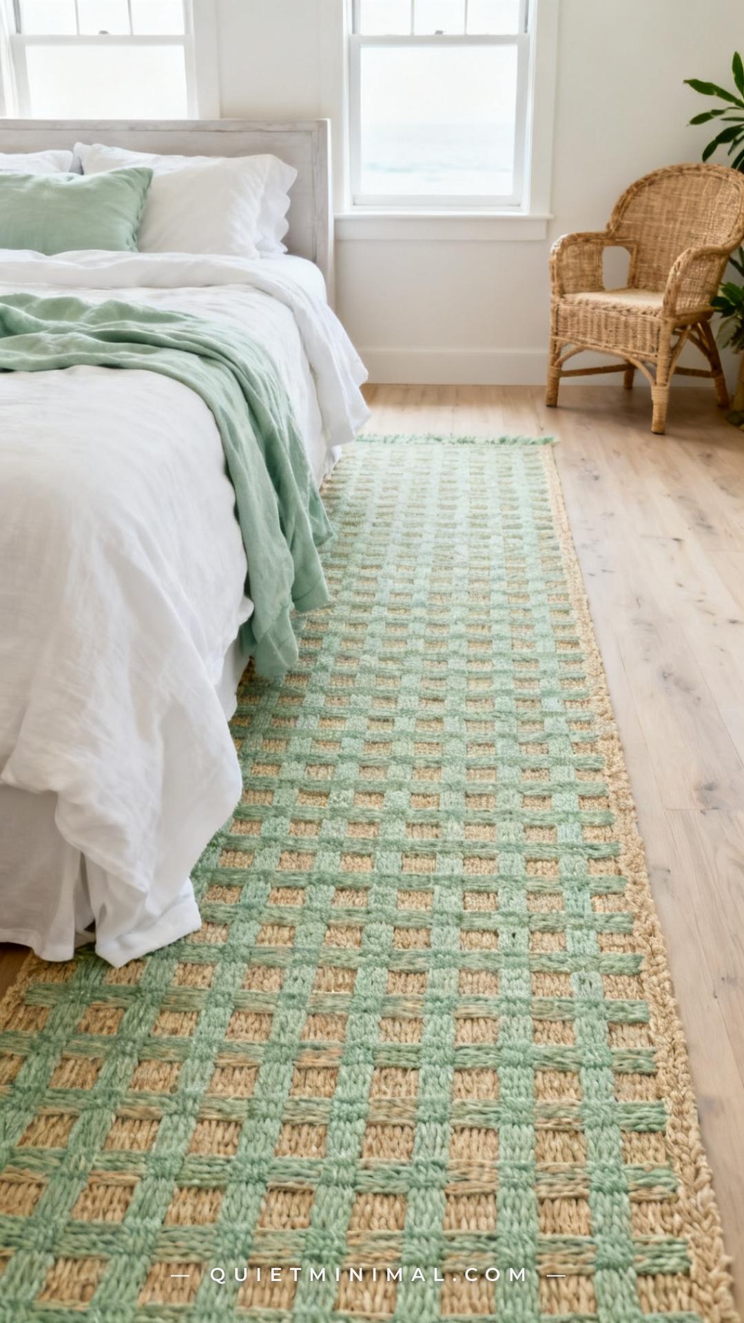 A vertical photograph captures the full length of a coastal bedroom with a seagrass rug in a pale green-tan tone running