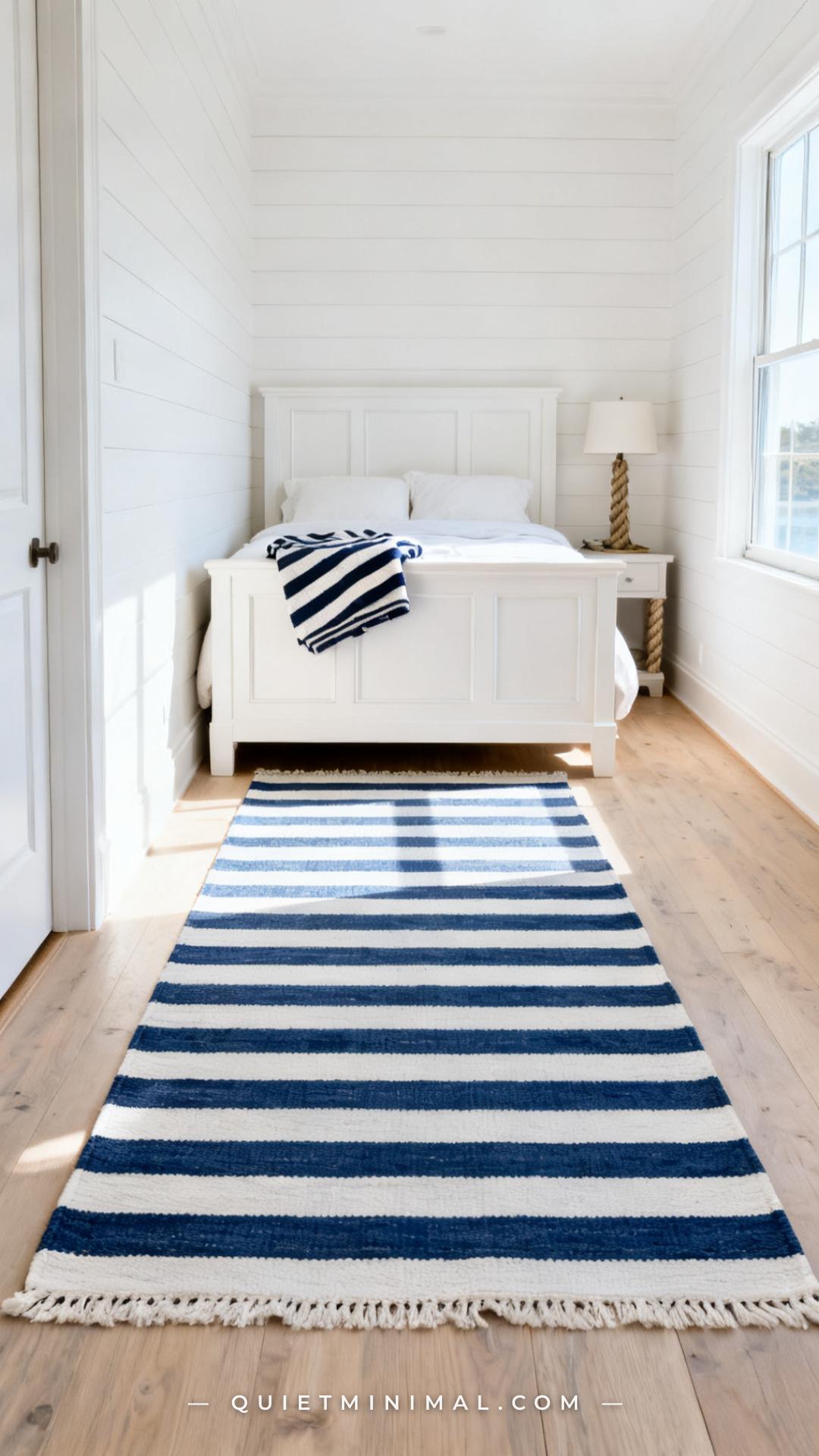 A vertical photograph captures a bright coastal bedroom with a blue-and-white striped cotton flat-weave rug running the