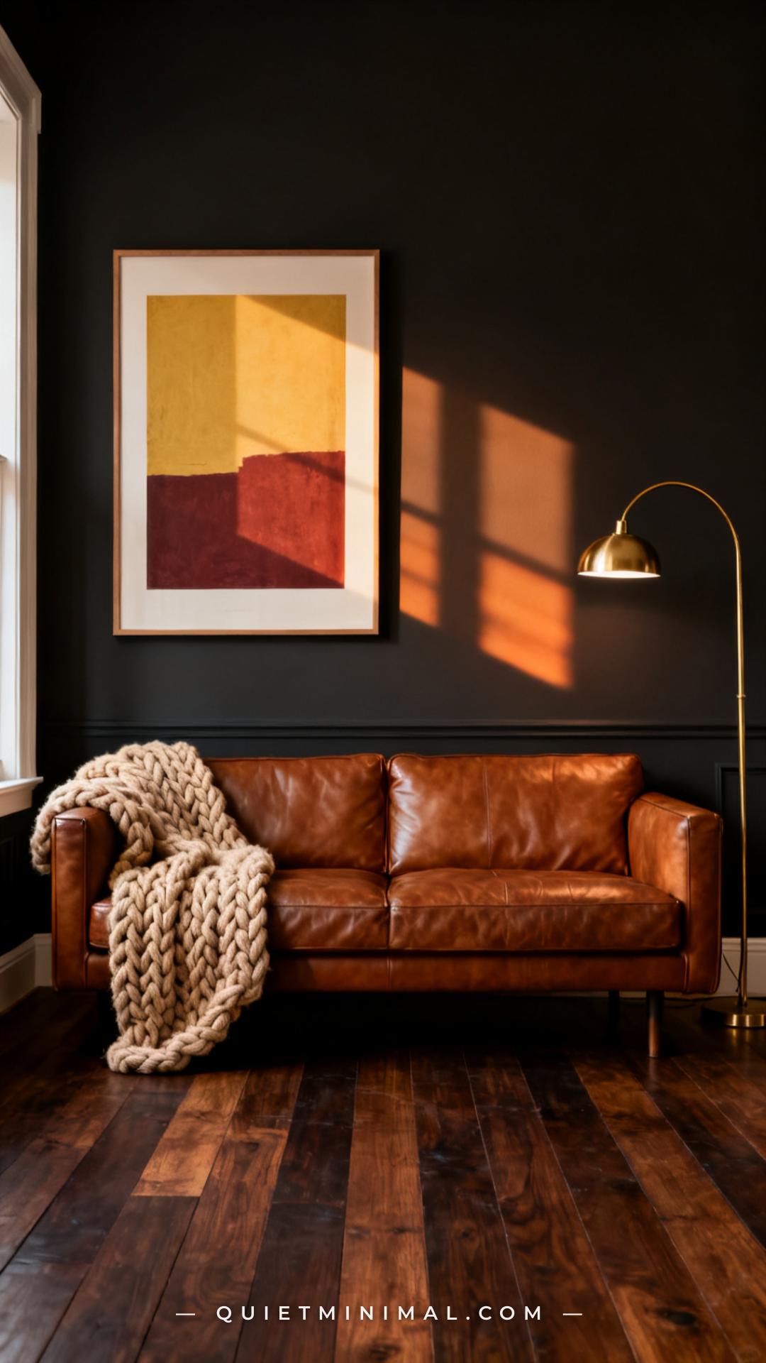 A wide establishing shot of a living room showing three walls — two painted in a deep warm charcoal tone (Sherwin-Willia