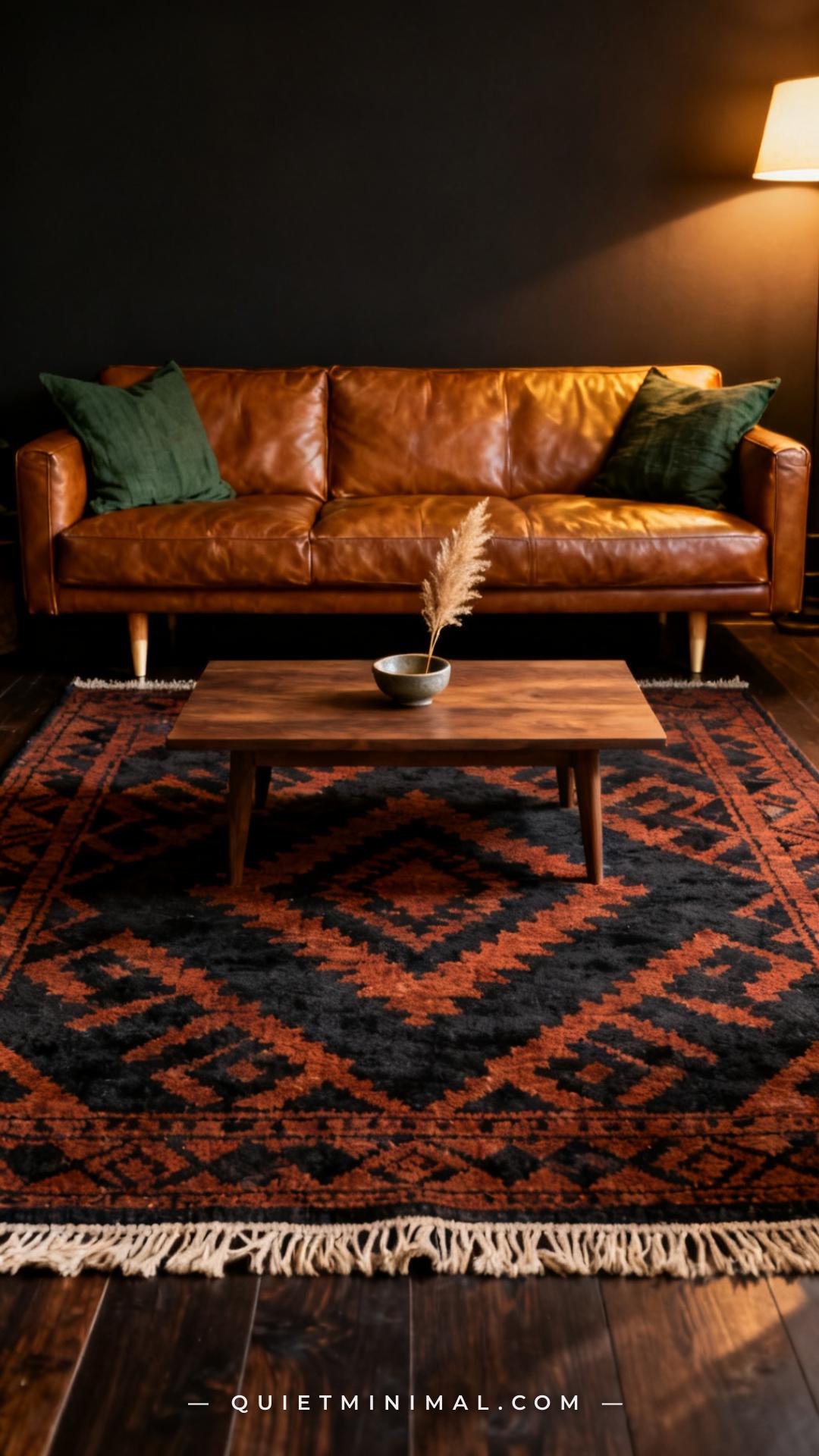 A medium-wide vertical photograph showing the lower two-thirds of a dark living room
