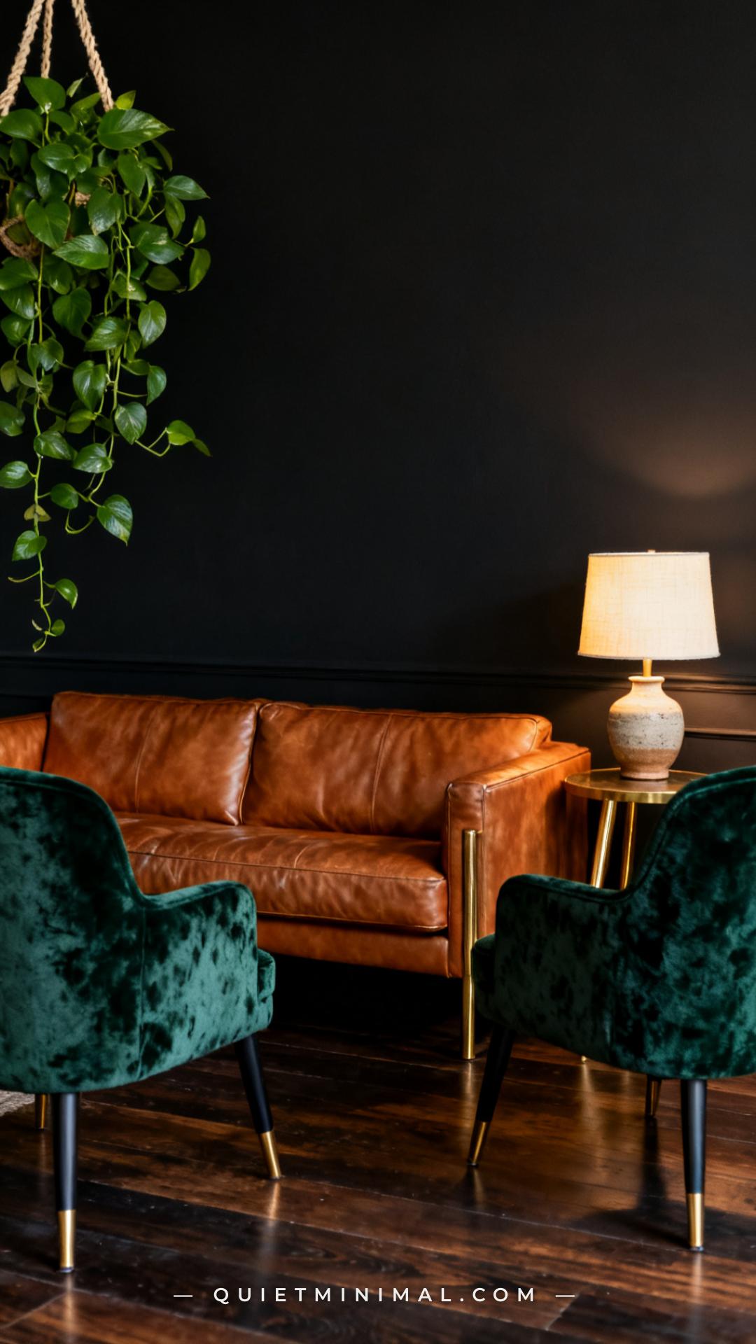 An establishing shot of a warm dark living room showing a cognac leather sofa flanked by two deep forest green accent ch