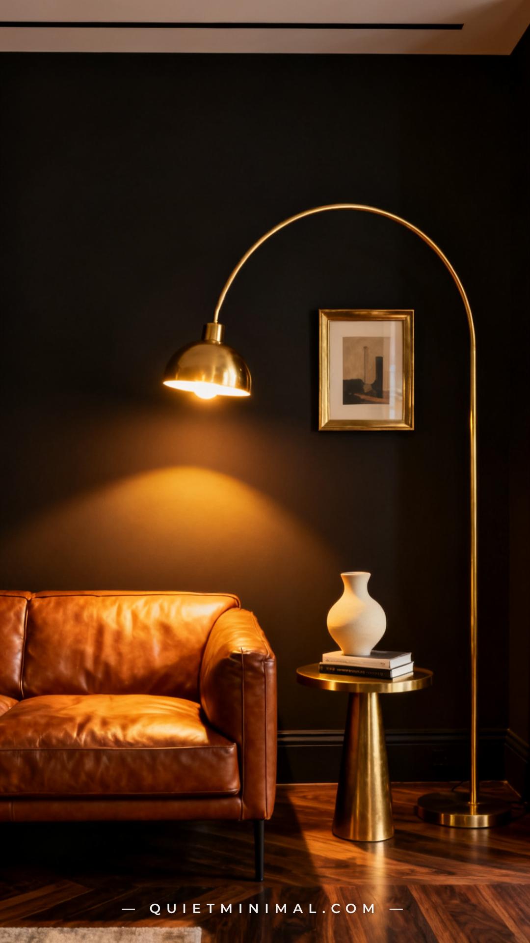A wide vertical photograph of a dark living room corner showing a cognac leather sofa in the left half of the frame and