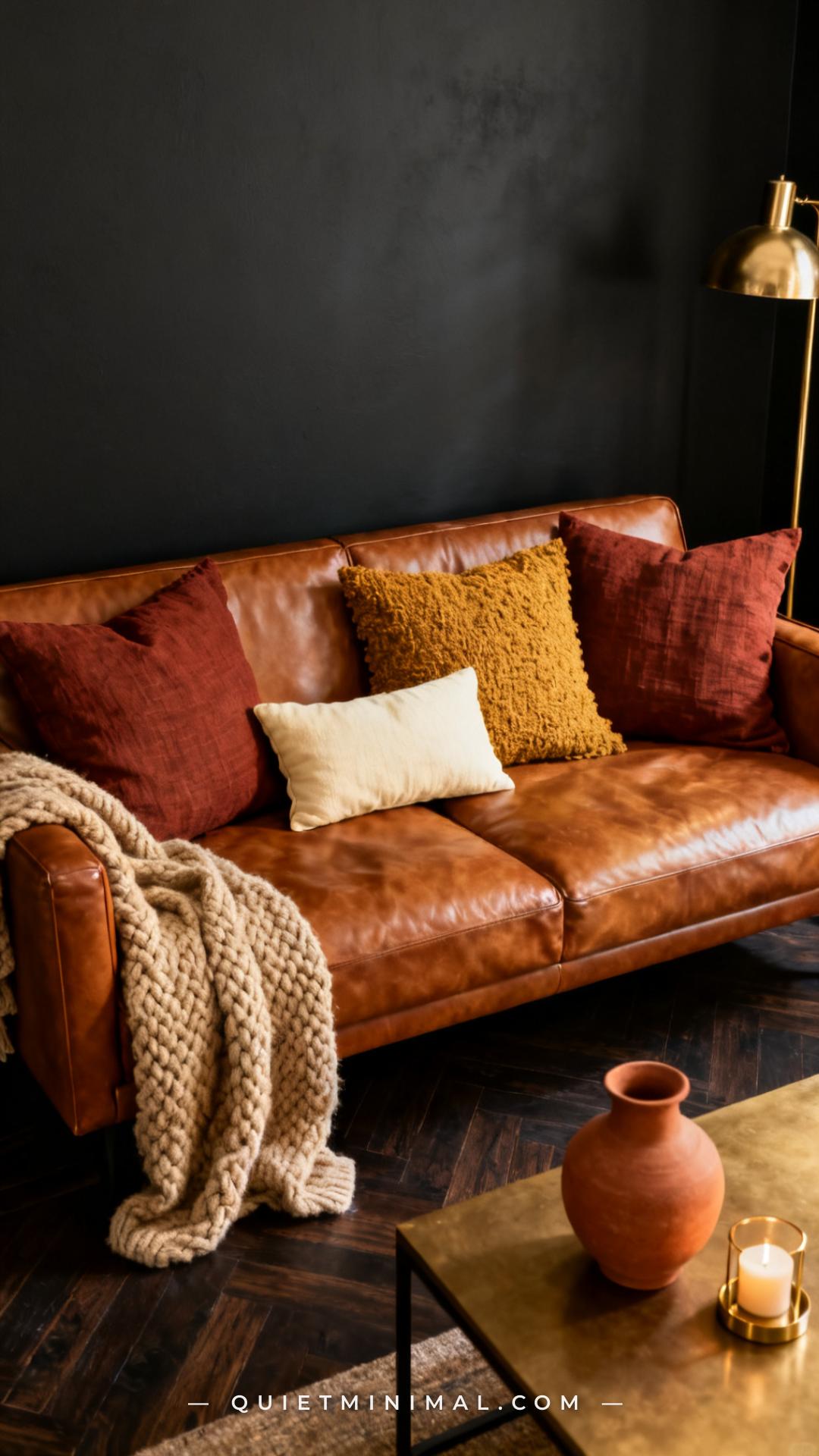 A medium-wide photograph of a cognac leather sofa shot from slightly above and at an angle