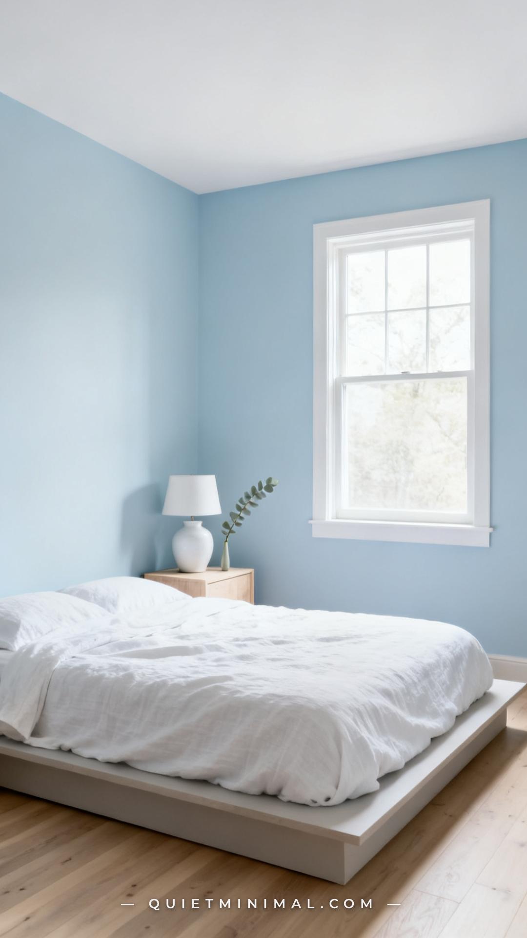 A vertical photograph establishing a full bedroom with all four walls painted in a pale icy blue — Sherwin-Williams Iceb