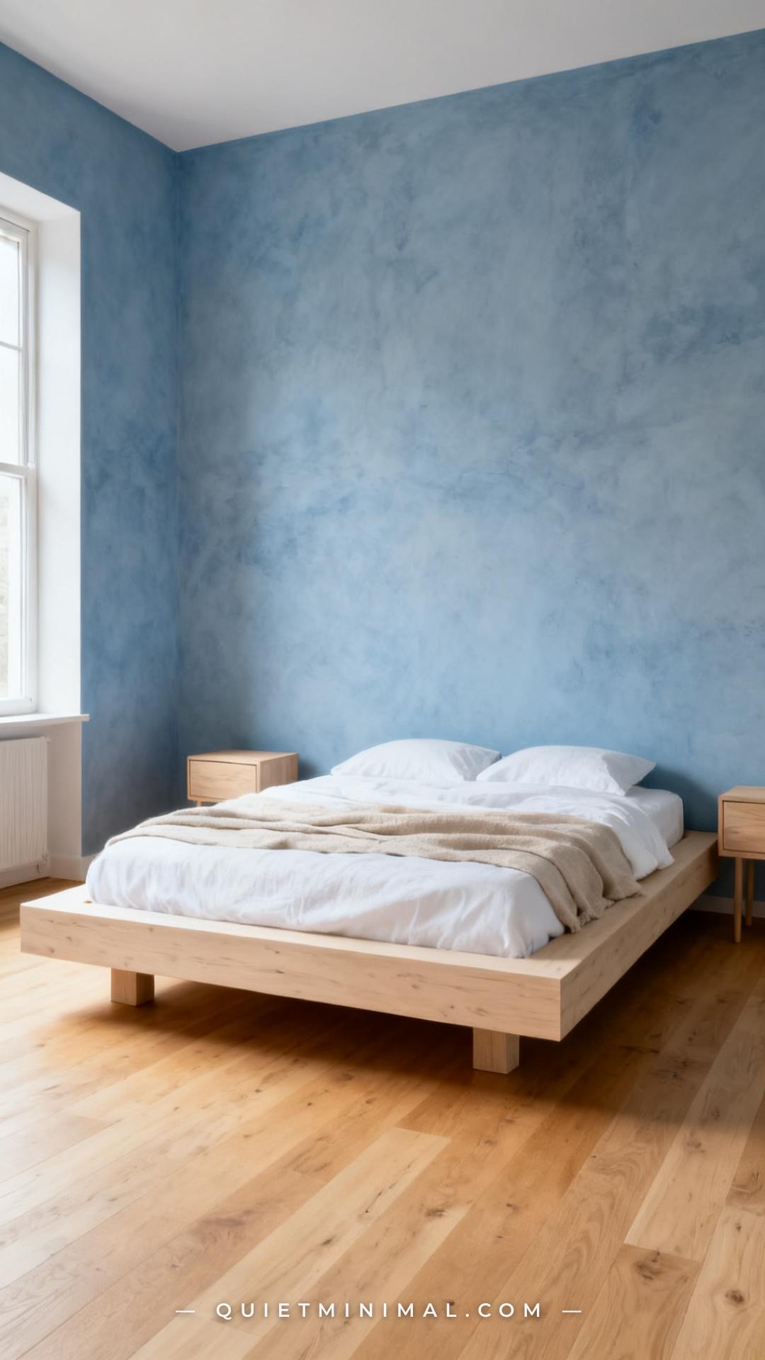 A wide establishing shot of a bedroom centered on a pale ash wood platform bed frame with a low