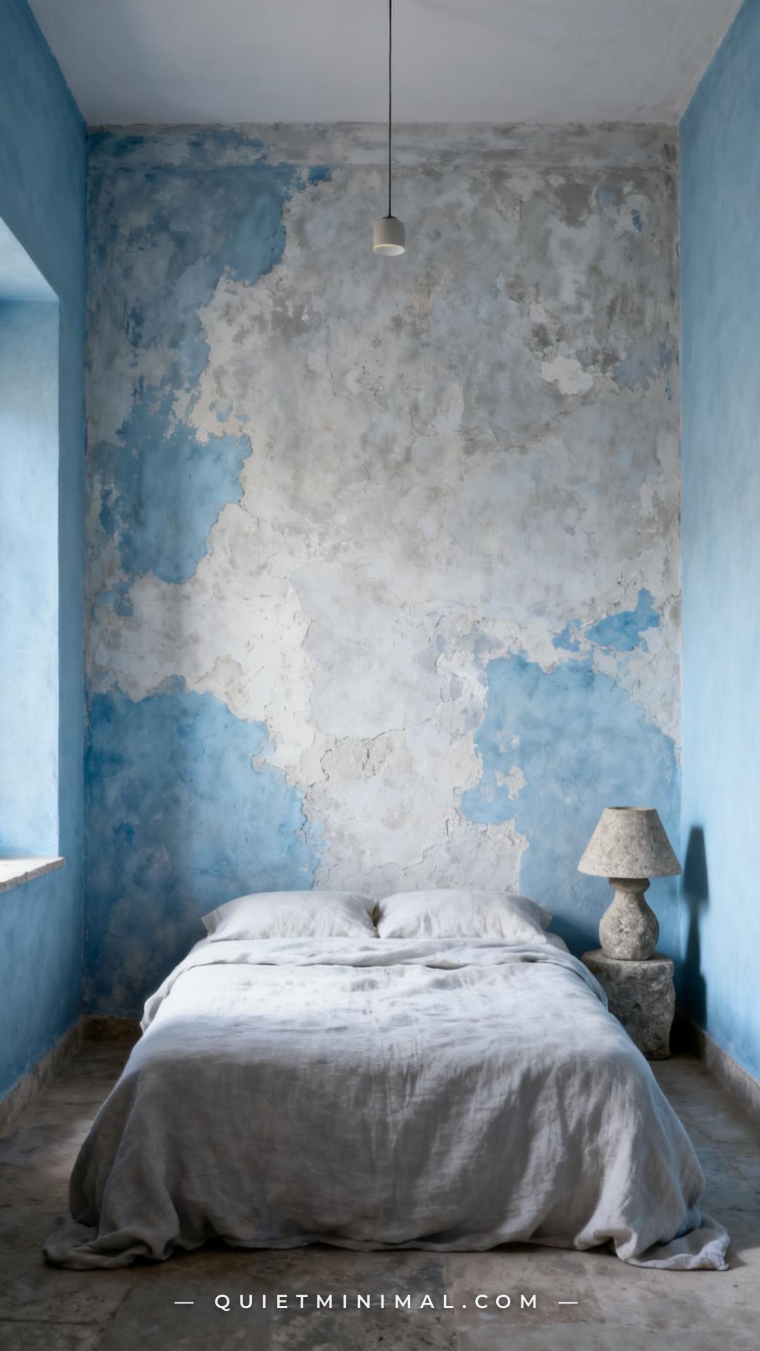 A wide bedroom view showing one accent wall with a limewash or plaster texture treatment in a chalky