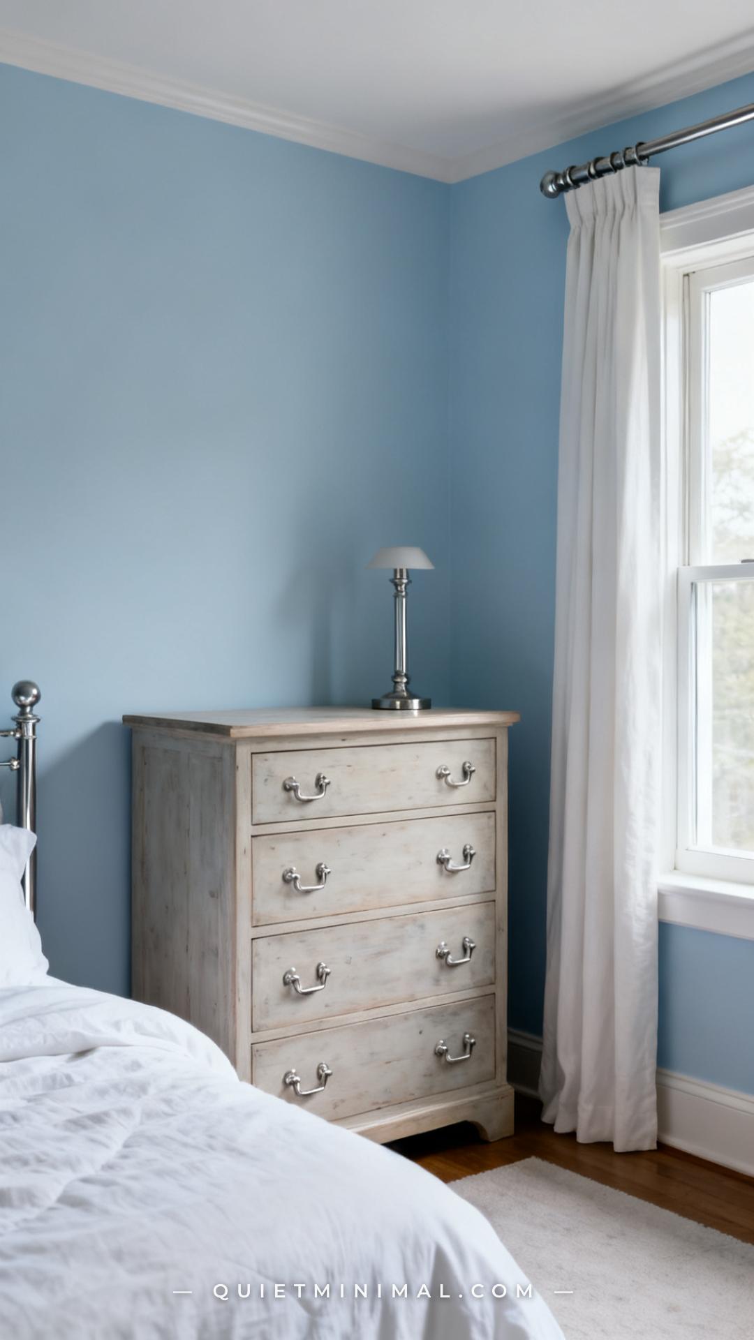 A wide bedroom composition where the hardware details — drawer pulls on a dresser