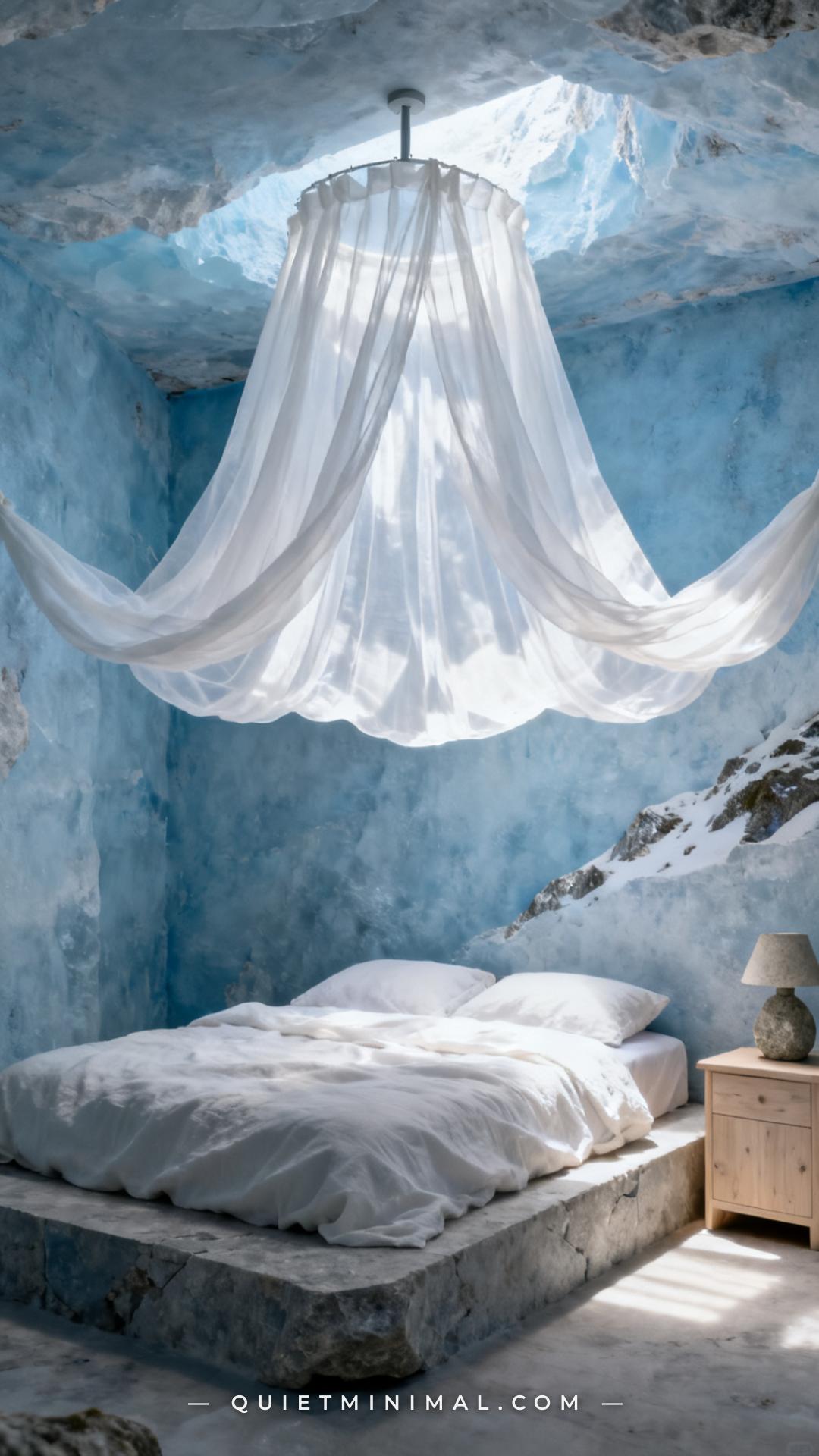 A wide vertical shot of a bedroom with a sheer white muslin canopy floating above a low platform bed