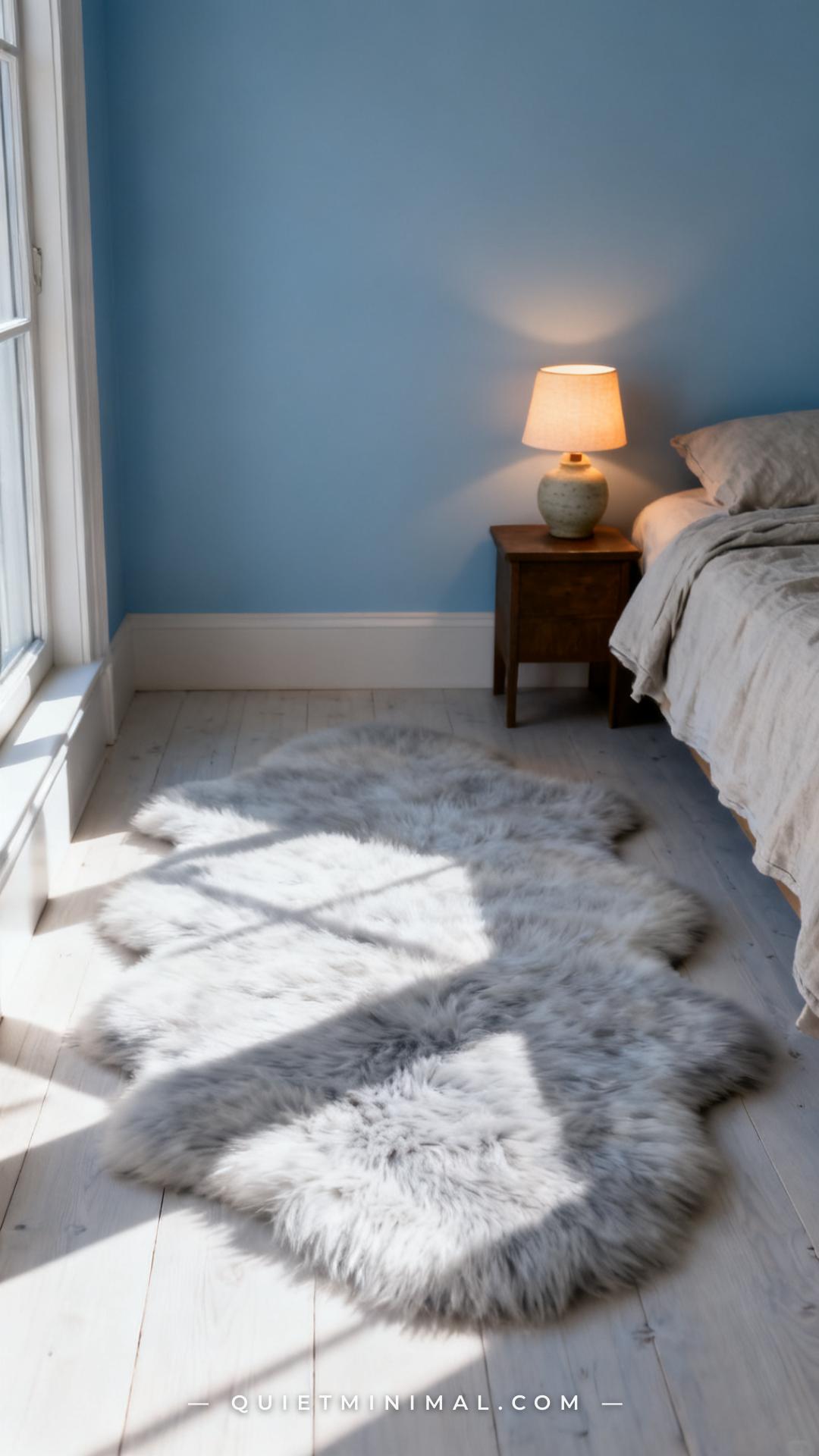A wide bedroom composition showing the bedside area with a pale white or dove grey sheepskin rug on a pale wood floor
