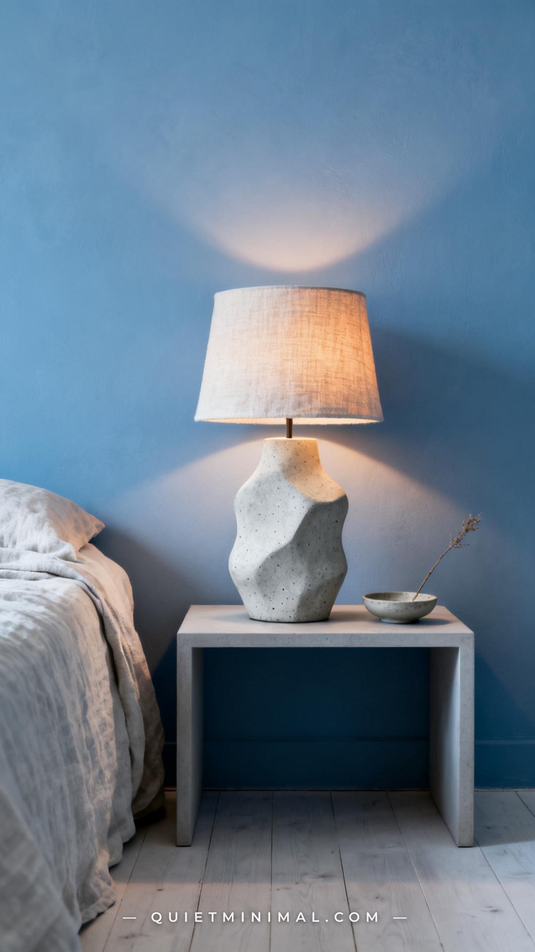 A medium-wide bedroom scene anchored by a sculptural concrete or plaster-finish lamp base on a minimal bedside table