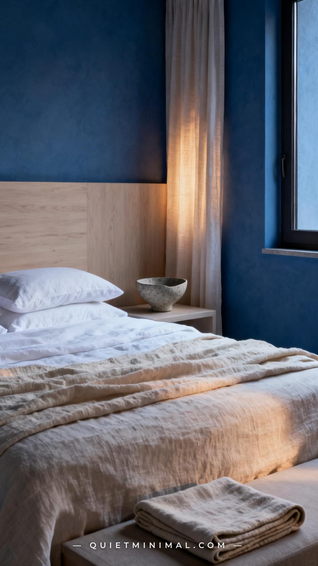 A medium-wide bedroom composition showing a bed styled with multiple layers of linen in stone-white and pale oatmeal aga