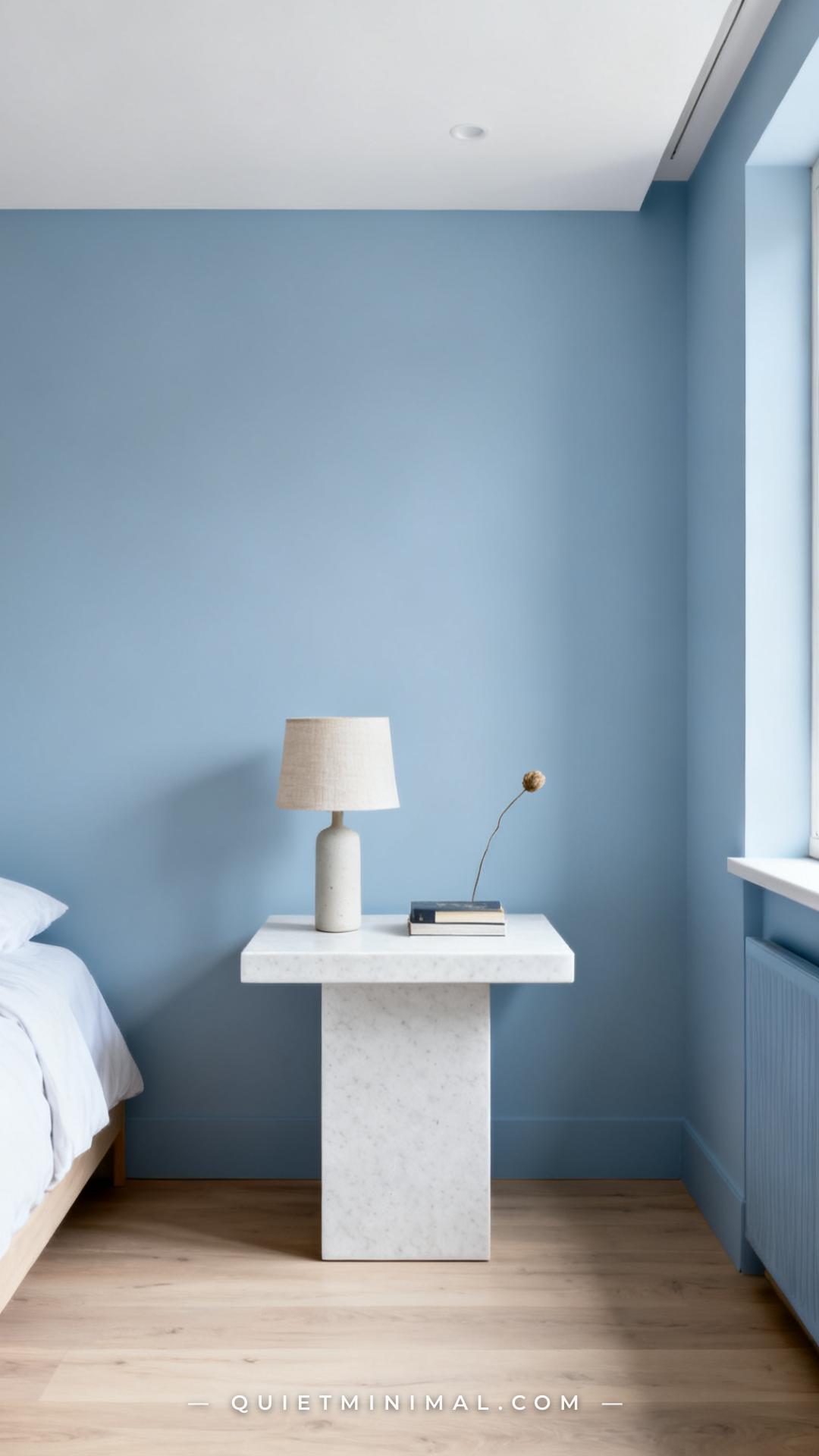 A vertical establishing shot of a minimal bedroom nightstand vignette shown within its full room context — pale blue wal