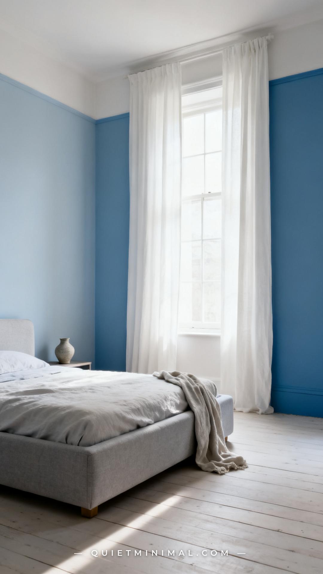 A wide-angle photograph of a north-facing bedroom with low