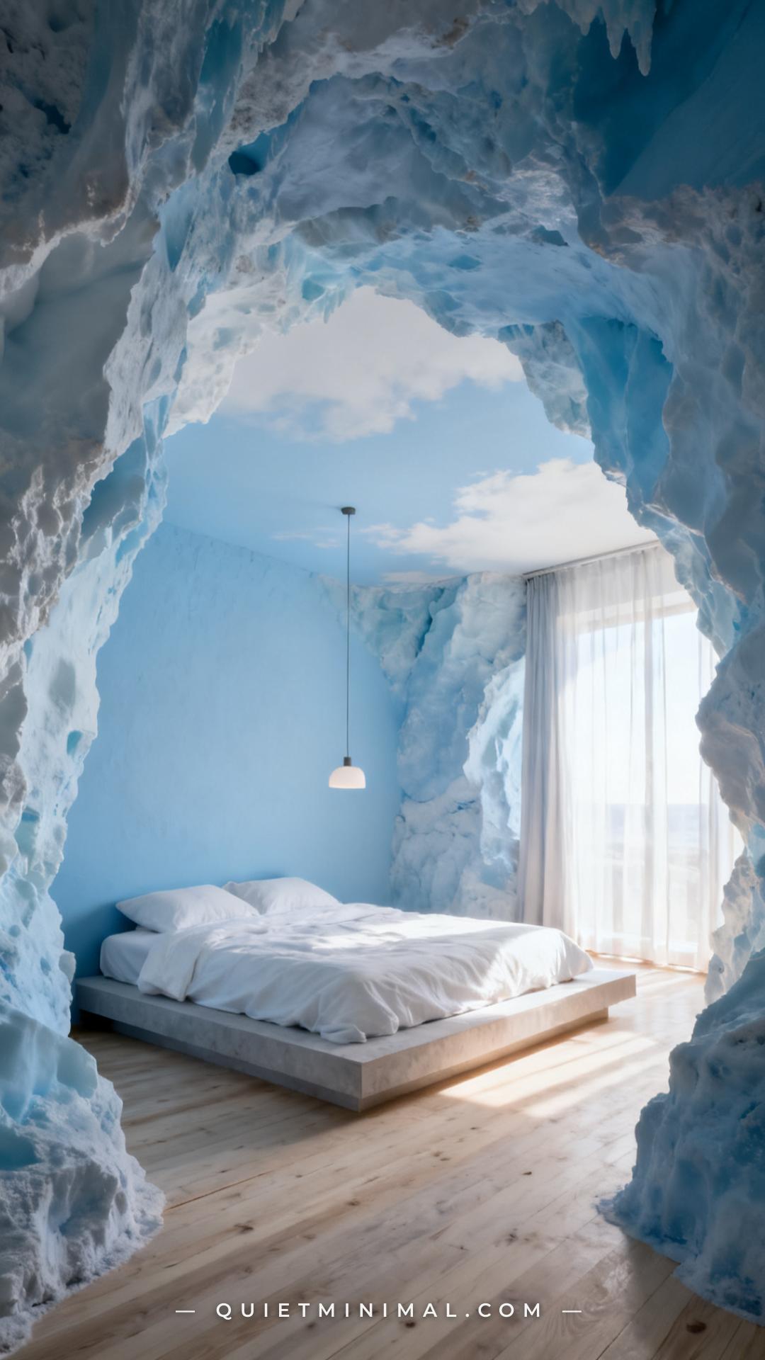 A wide-angle vertical shot of a bedroom with icy blue walls and a ceiling painted one shade lighter — almost white-blue