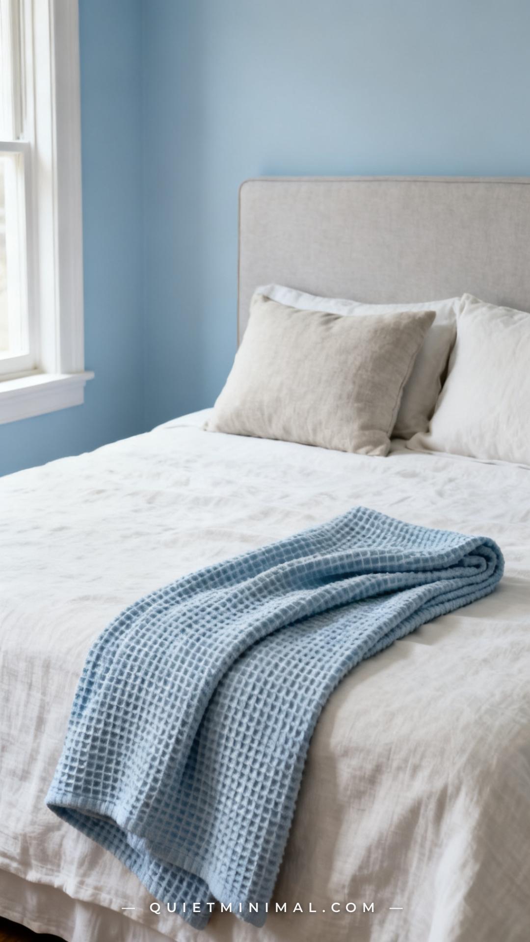 A medium-wide composition of a made bed styled with a pale blue waffle-weave blanket folded at the foot over a stone-whi