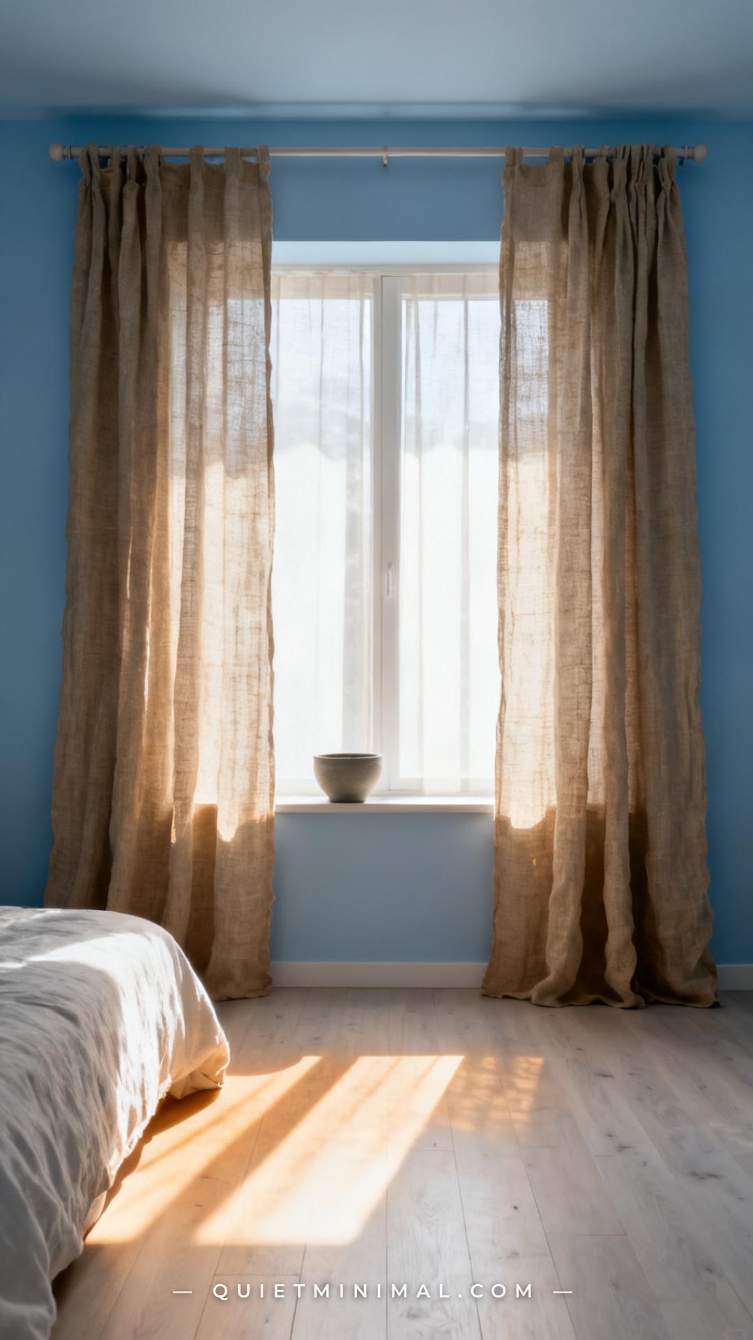 A wide-angle bedroom scene anchored by tall raw linen curtains hanging from ceiling-height curtain rods on a large windo