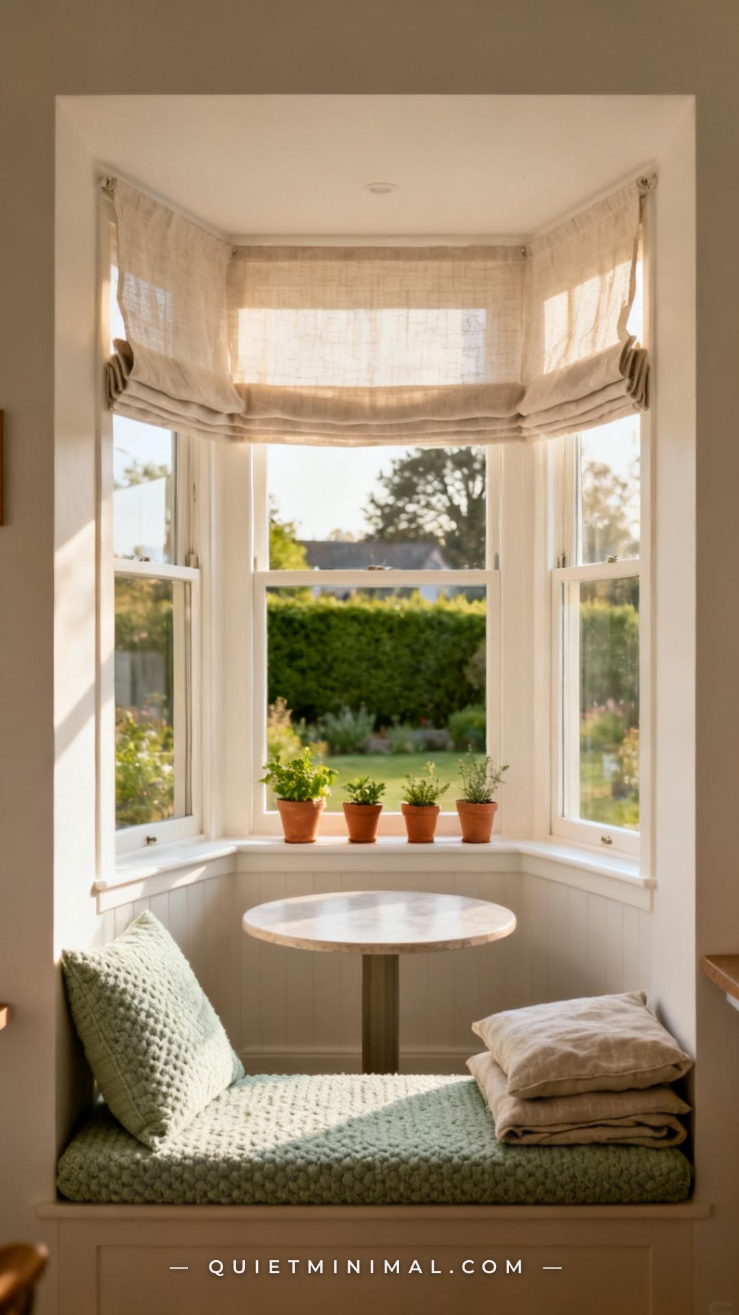 A vertical photograph captures the full view from inside the breakfast nook looking outward through the window
