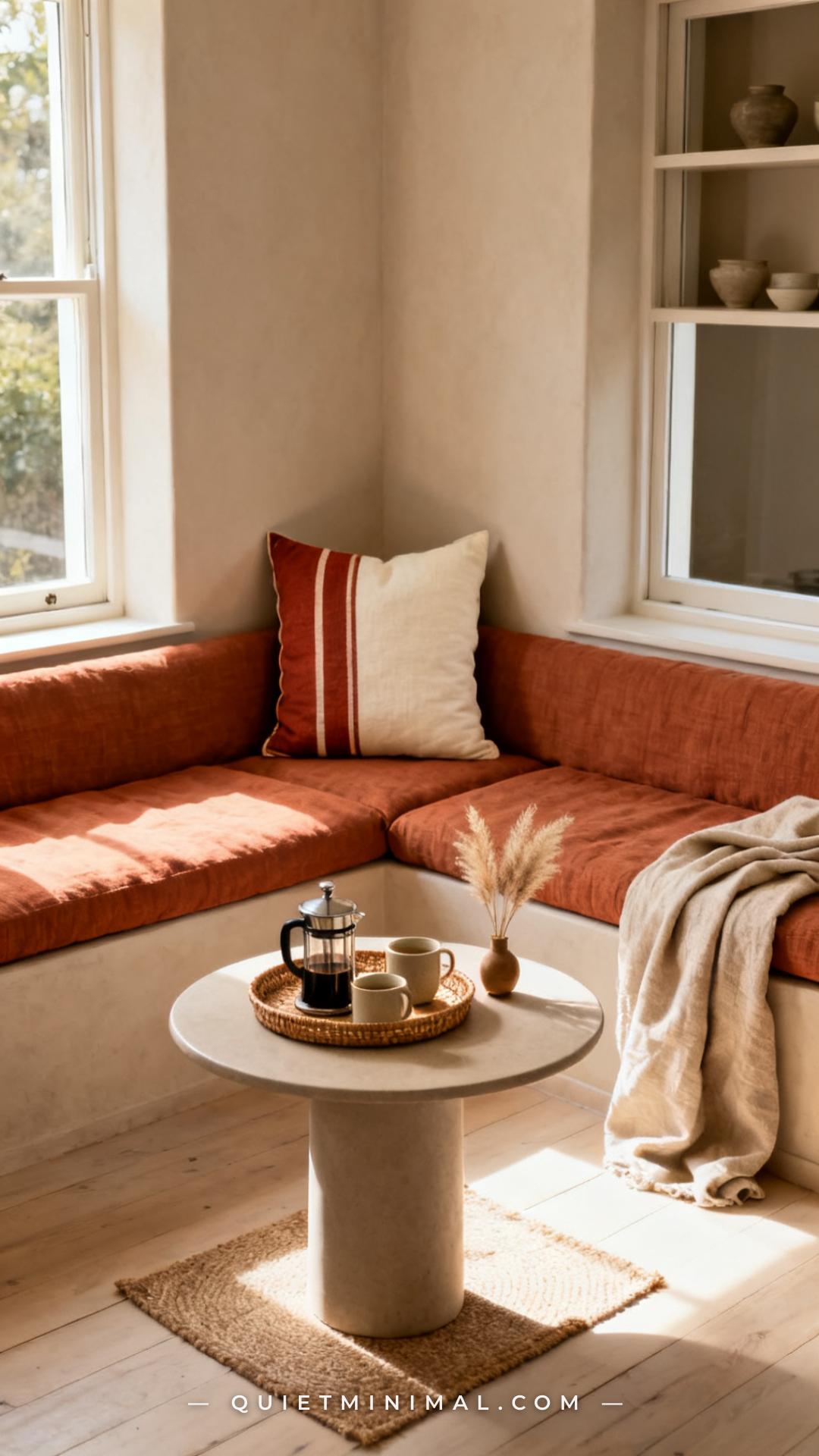 A medium-wide vertical photograph captures a corner window bench nook with the bench styled in layers the way a sofa wou