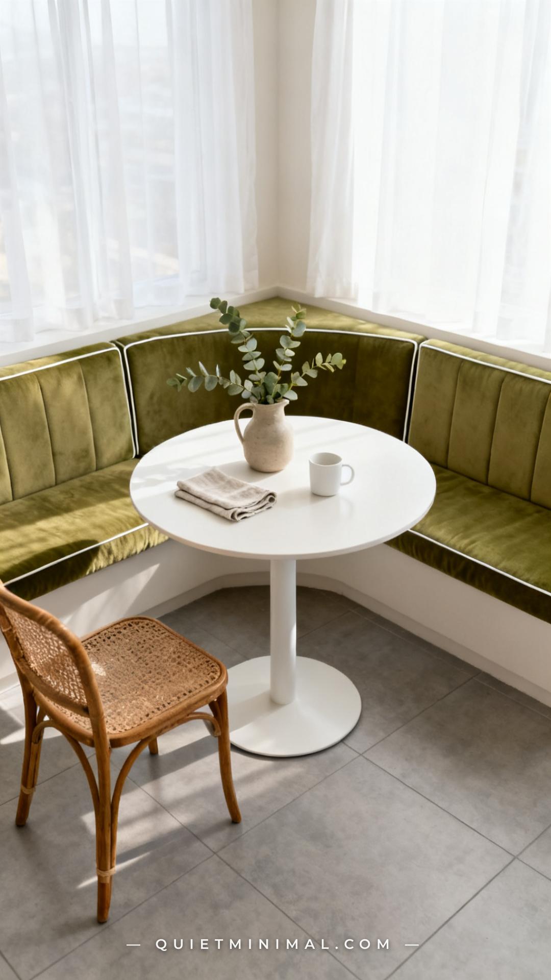 A vertical wide-angle photograph captures a breakfast nook from a slightly elevated angle to show the full table and sur