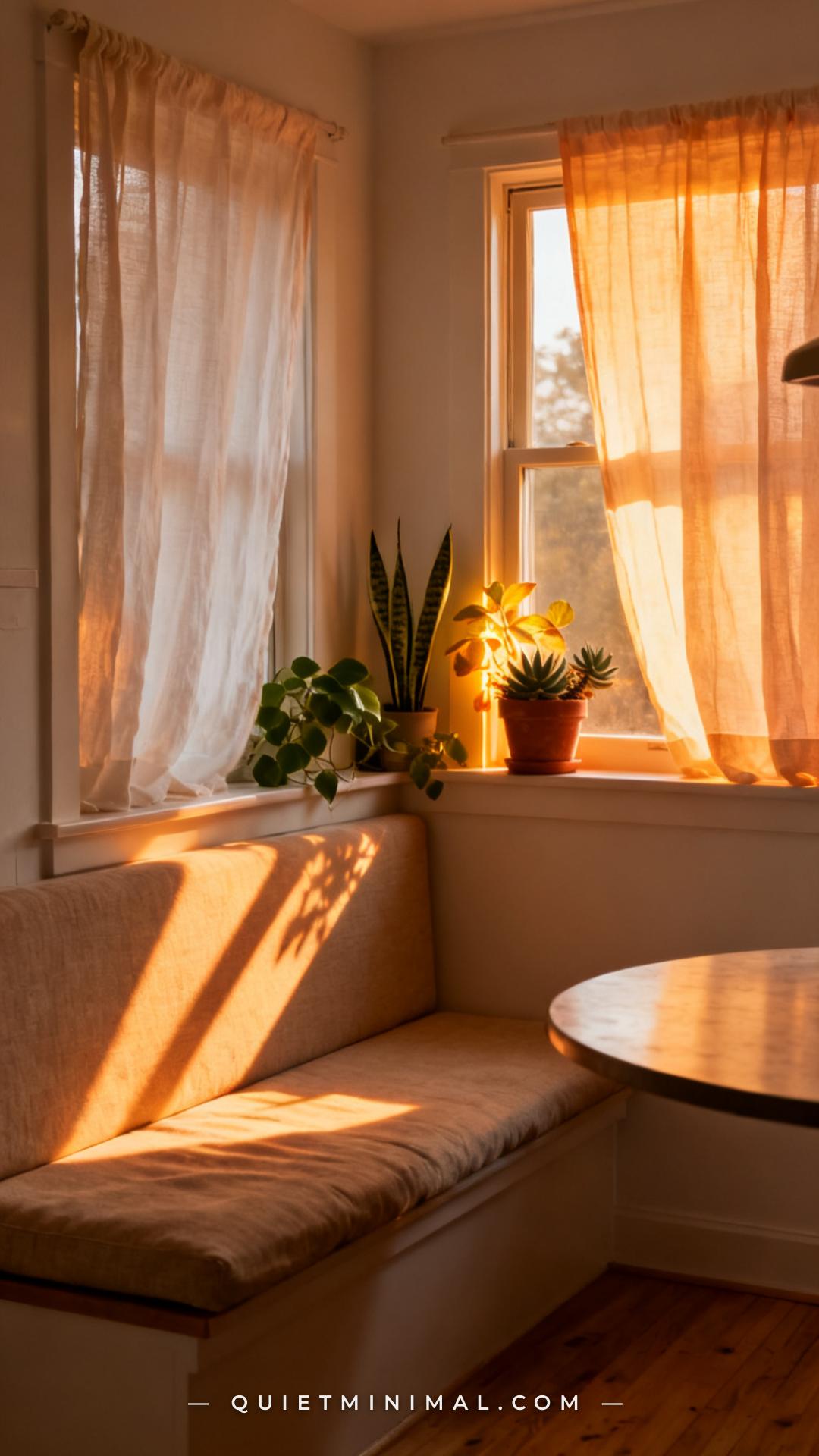 A vertical photograph captures a window bench nook in full morning light
