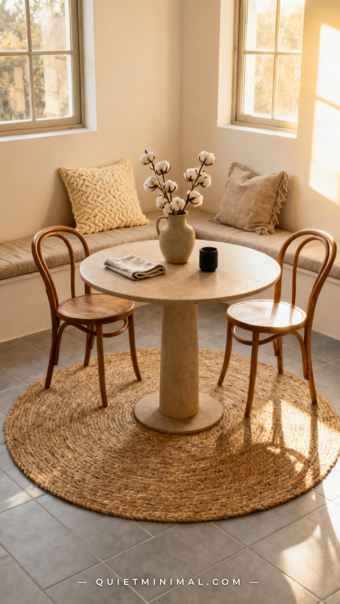 A medium-wide vertical photograph captures a breakfast nook viewed from the kitchen entry point