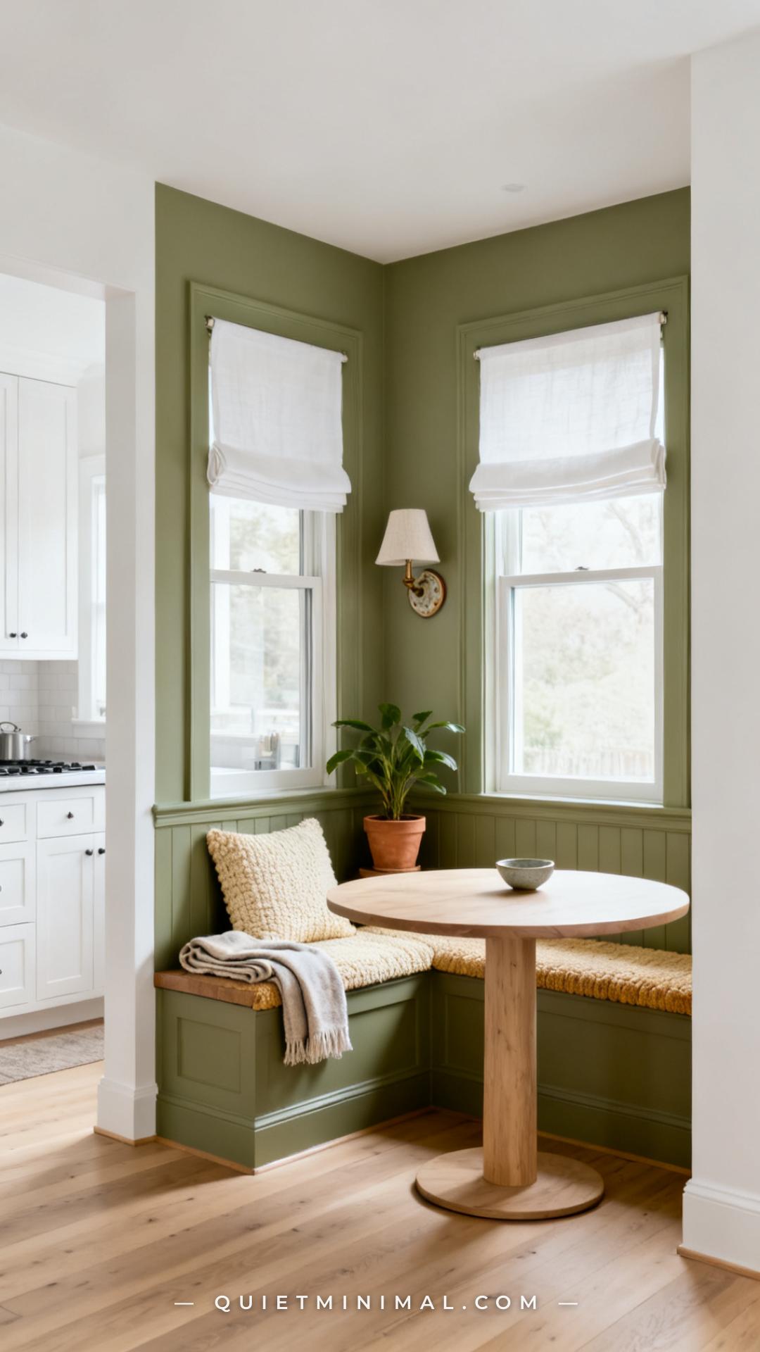 A vertical photograph captures a breakfast nook alcove painted in a warm
