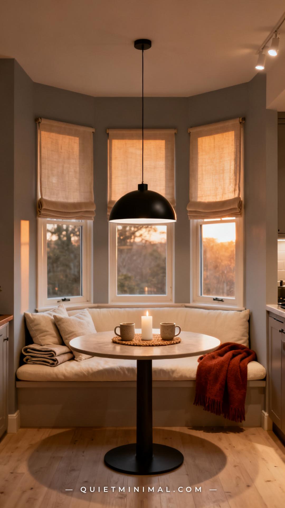 A vertical photograph captures the full breakfast nook in late afternoon or early evening light