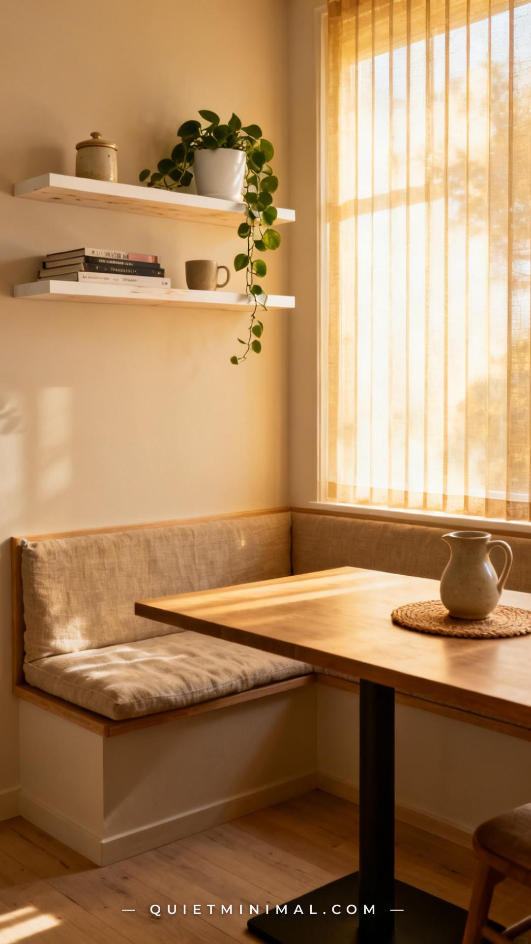 A vertical wide-angle photograph captures a breakfast nook with open floating shelves on the wall immediately adjacent t