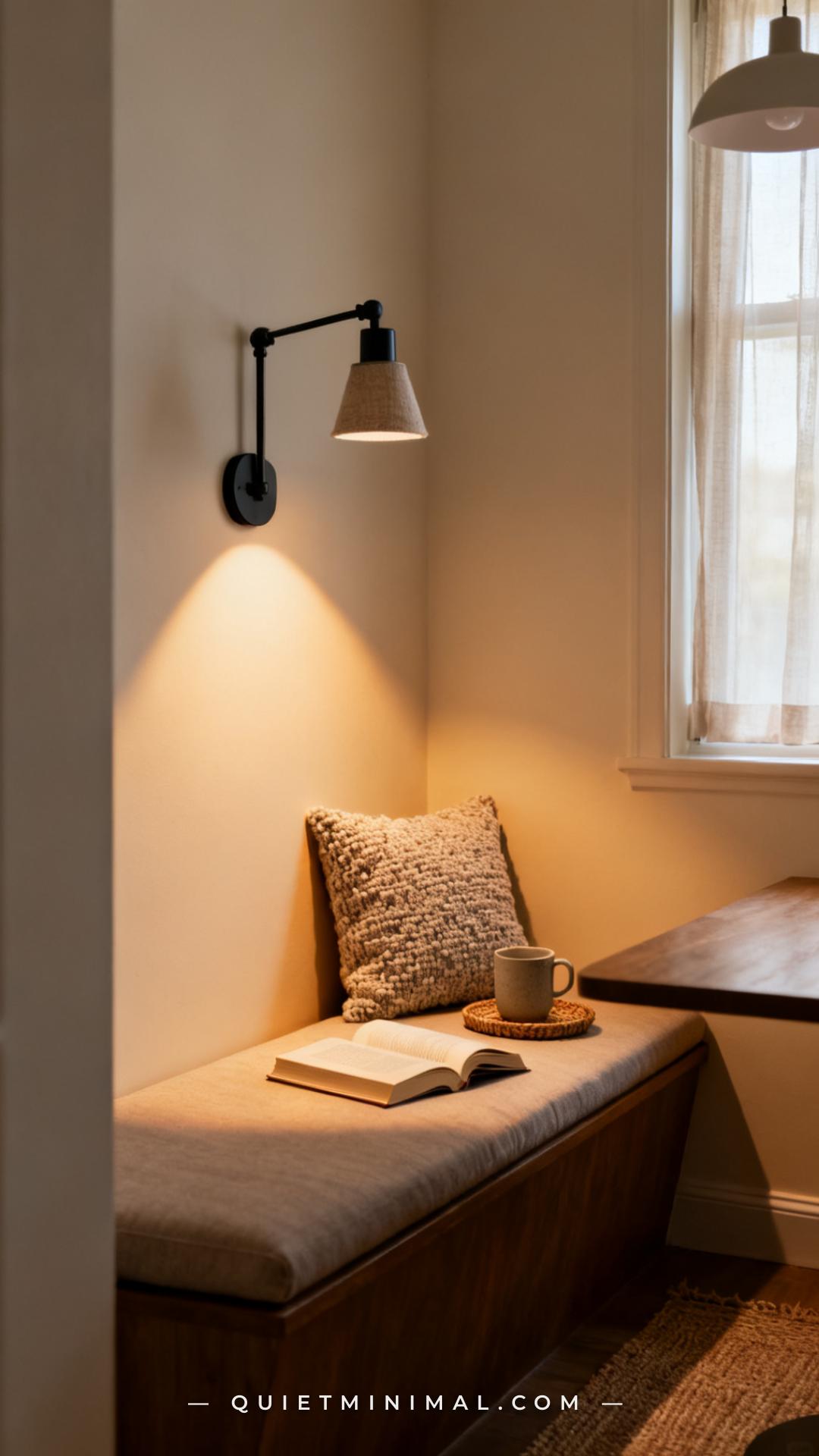 A vertical photograph captures a close-establishing shot of a wall-mounted sconce above the cushioned bench in a breakfa