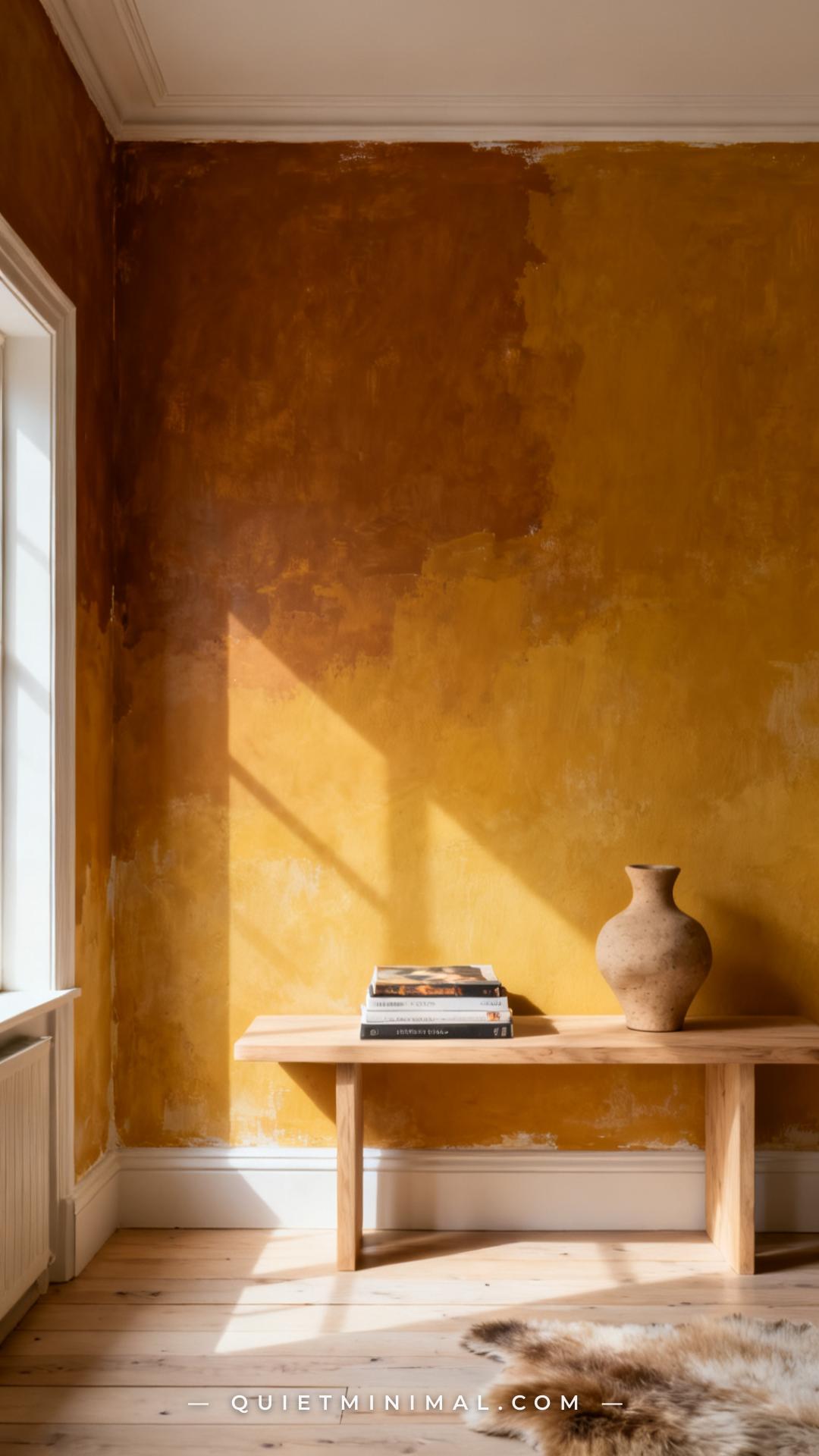 A vertical photograph captures the full wall plane of a living room corner where limewash plaster in a deep amber-yellow