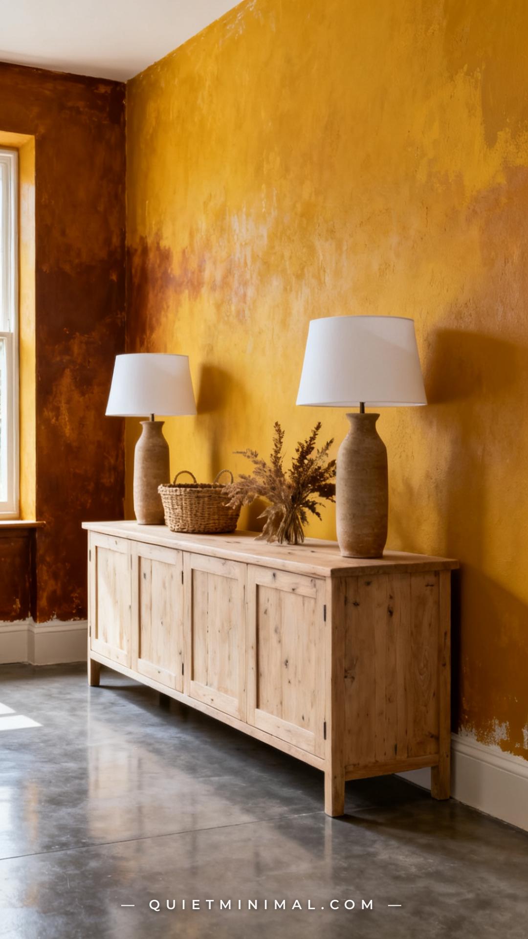 A vertical photograph captures the full length of a living room wall painted in a deep warm amber using Farrow & Ball In