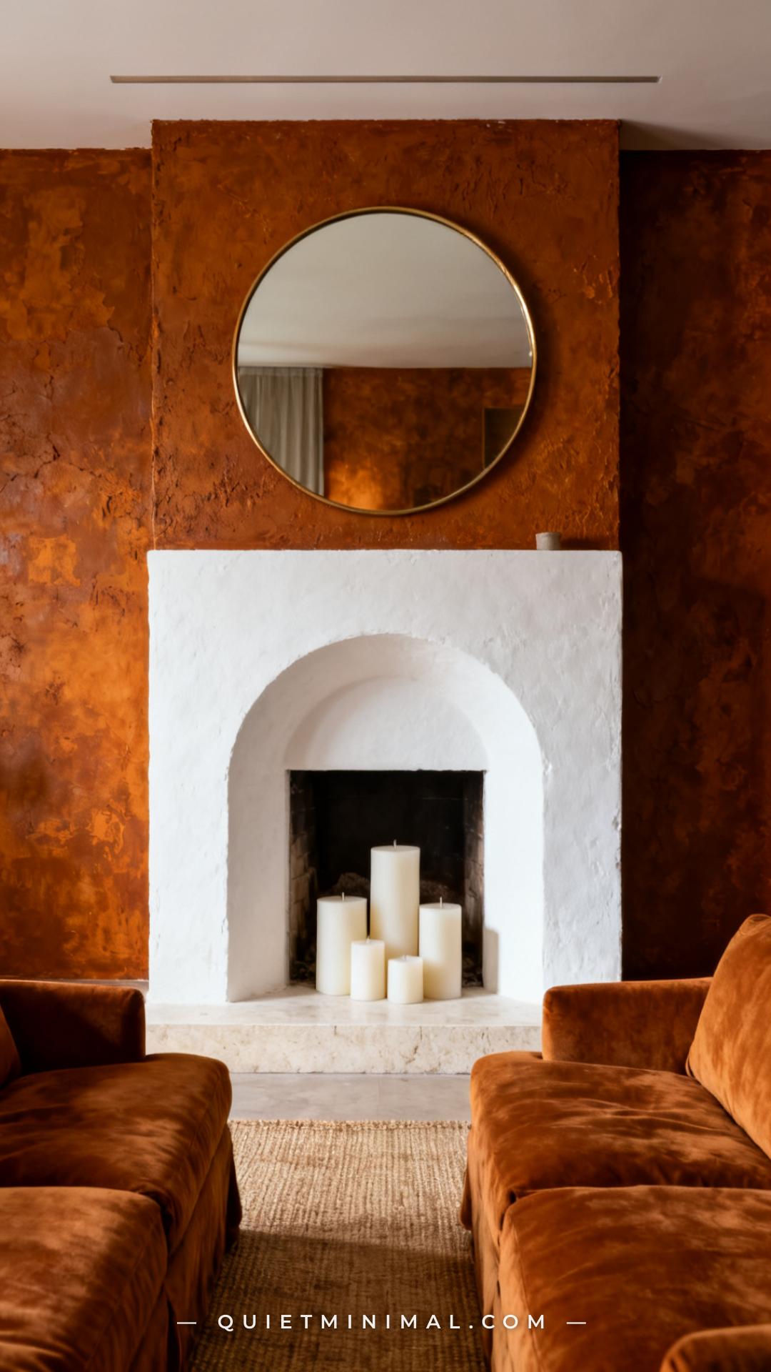 A vertical photograph captures a dark amber rough-plaster living room with one dominant bright-white element: a large ar