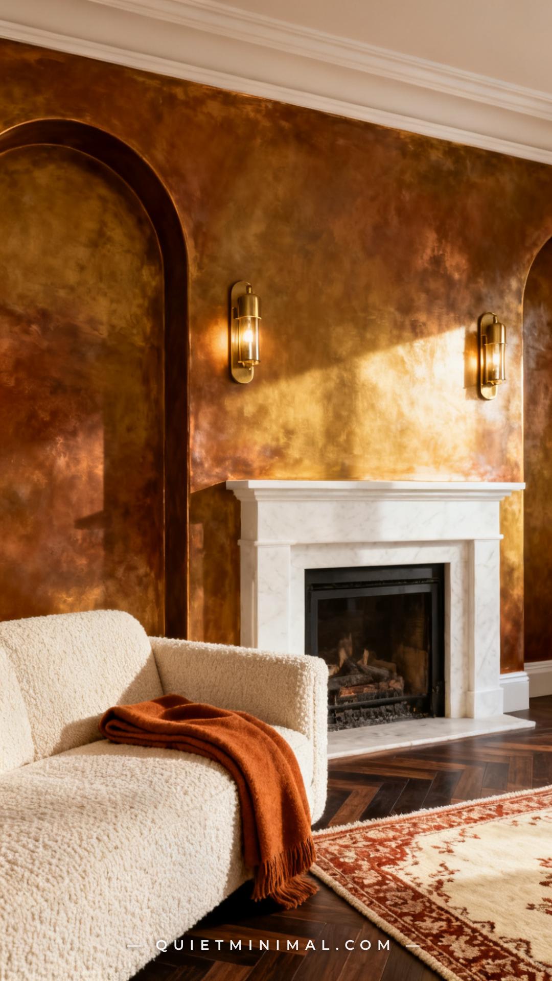 An establishing shot of a living room wall section finished in polished Venetian plaster