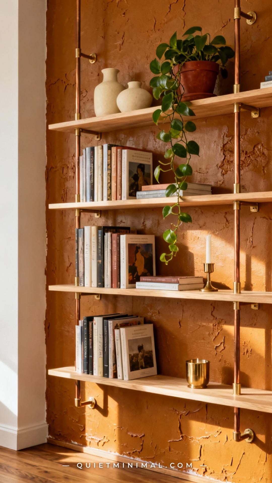 A vertical photograph captures a living room shelving wall with open pale oak shelves mounted against rough-trowel amber