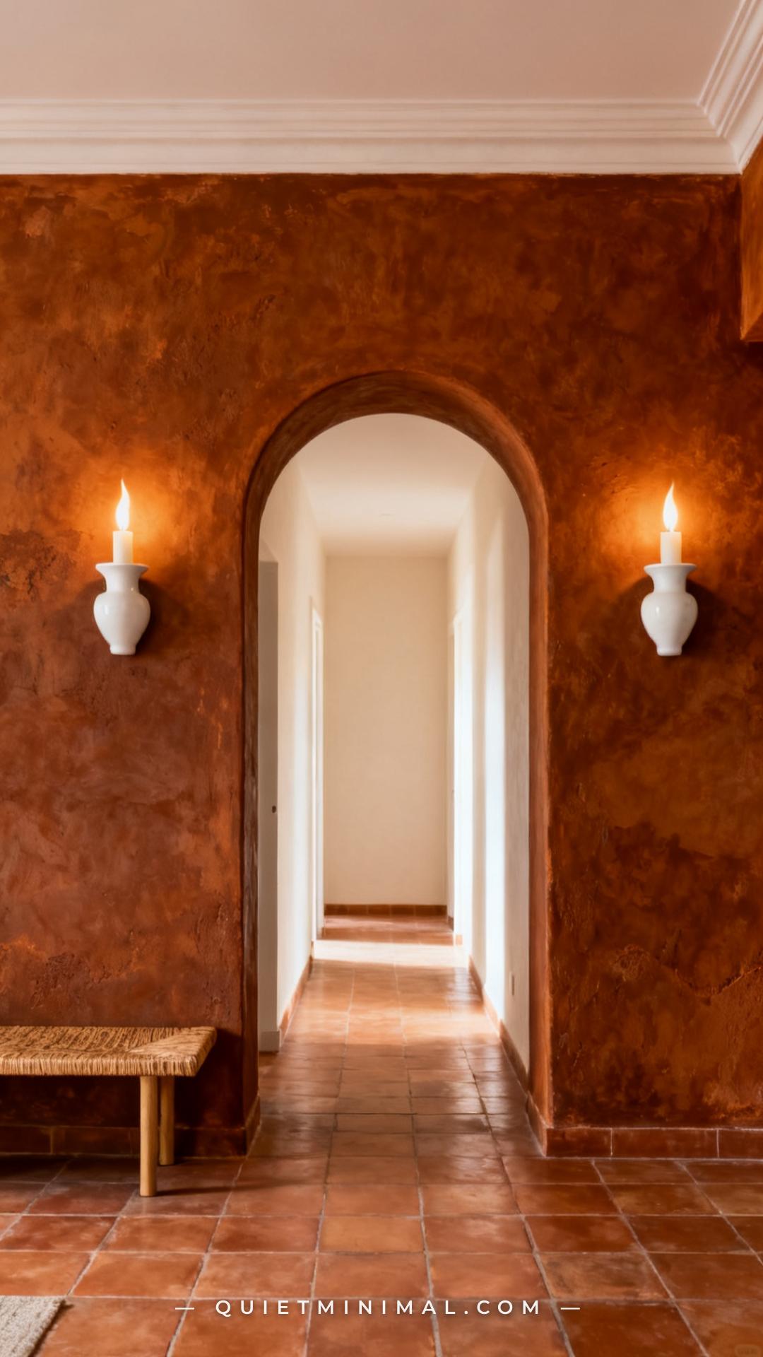 A vertical photograph captures a full arched doorway set into a dark amber rough-plaster wall in a living room