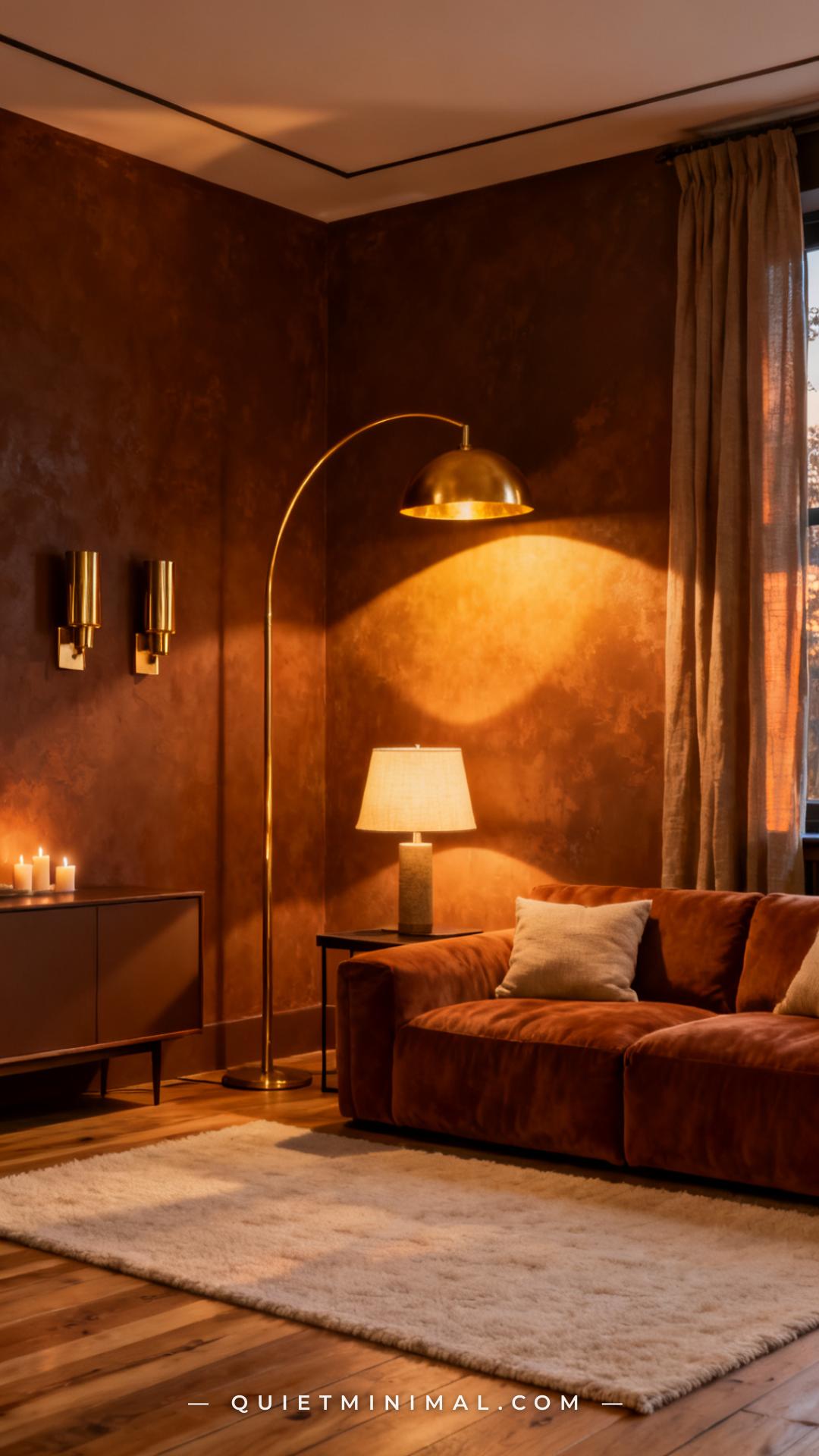 A vertical photograph captures a dark amber limewash living room at evening