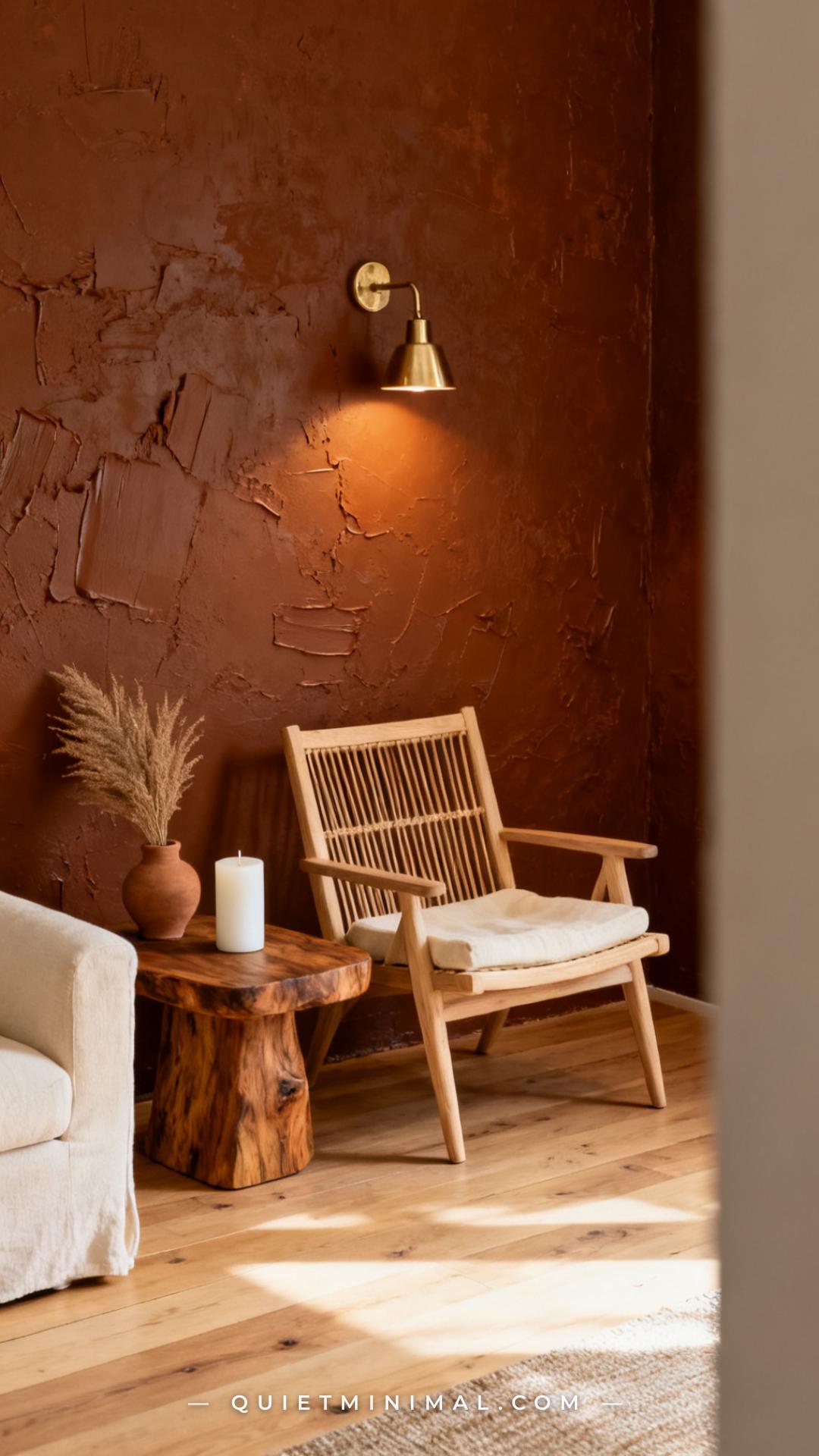 A wide vertical photograph captures a living room corner where a cane-back armchair in pale natural wood sits against a