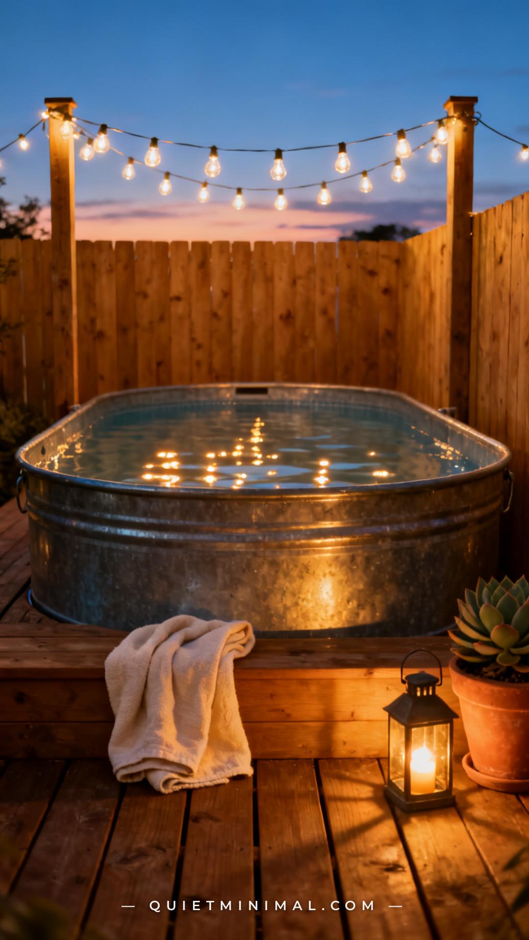 A vertical photograph captures an early evening scene of a galvanized stock tank plunge pool on a cedar deck platform