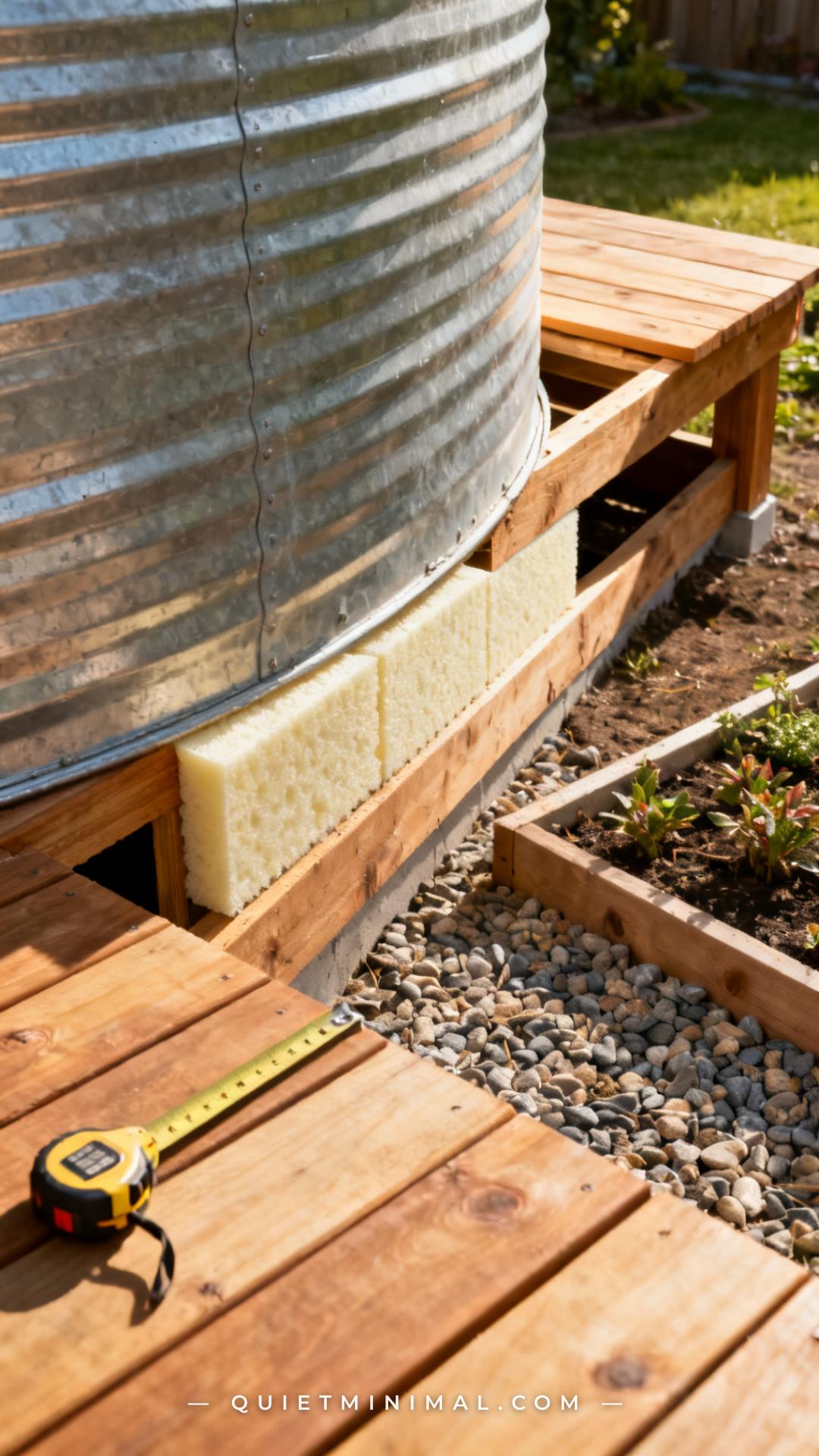 A vertical photograph captures a medium-wide view showing the underneath gap between a galvanized stock tank and a cedar