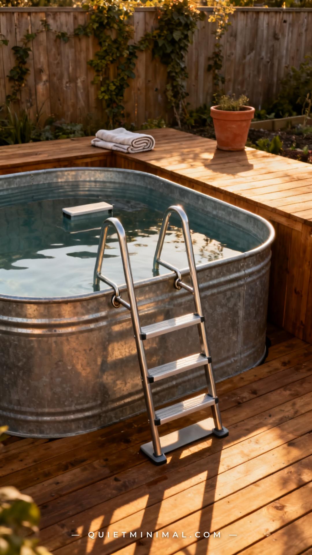 A vertical photograph captures a wide shot of a galvanized stock tank plunge pool on a cedar deck