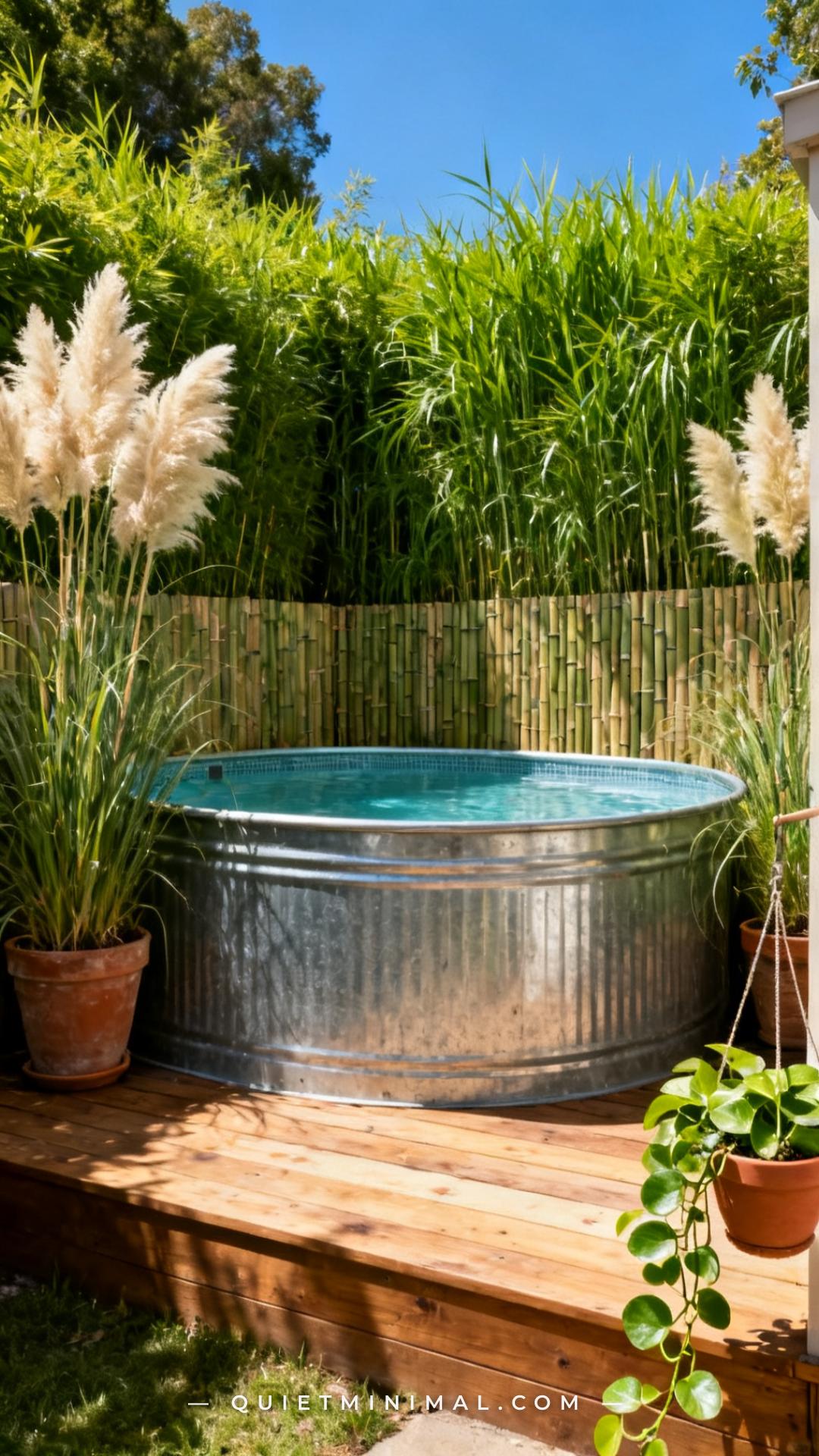 A vertical photograph captures a wide establishing shot of a galvanized stock tank plunge pool flanked by tall potted or